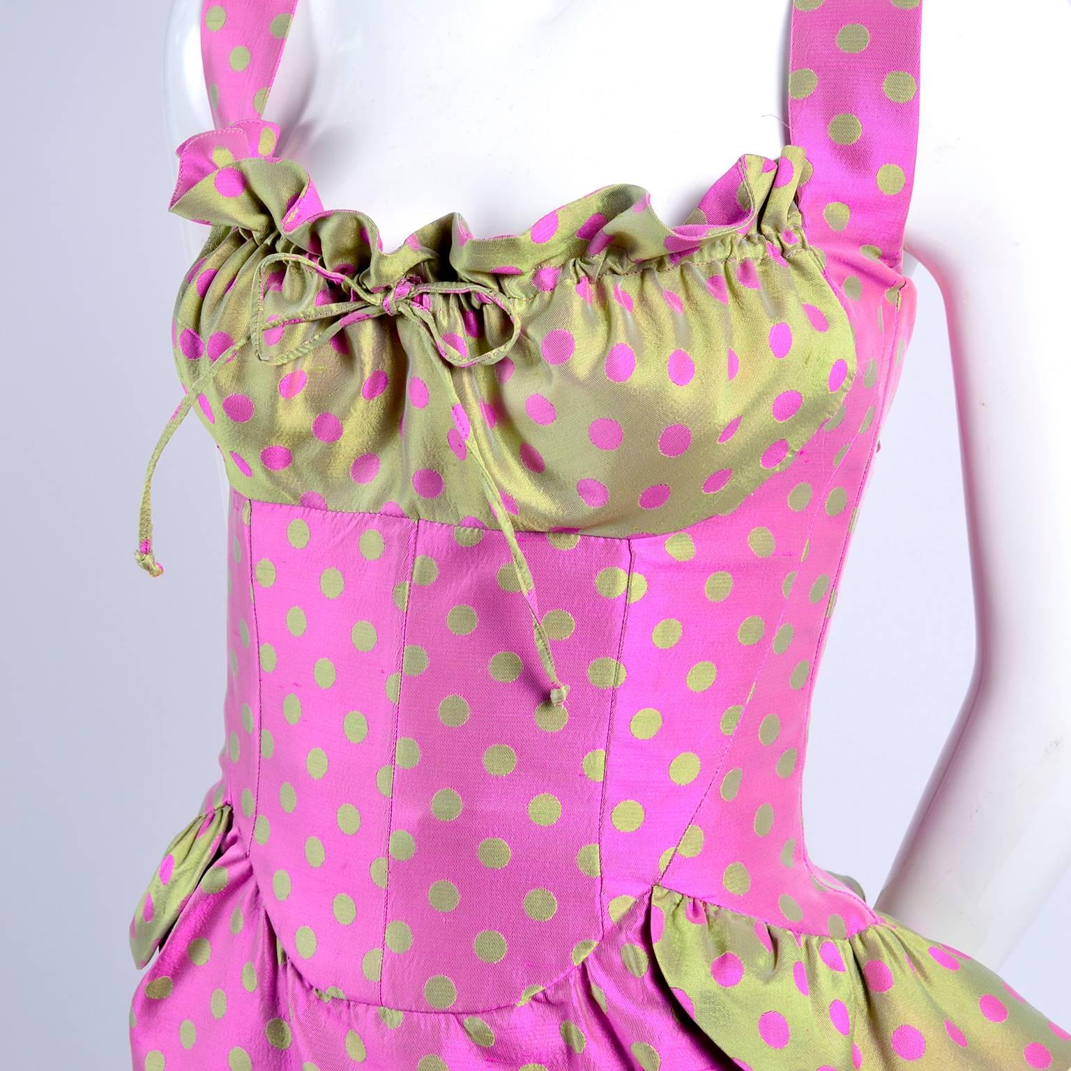 Christian Lacroix Pink and Green Polka Dot Dress With Peplum and Gathered Bust In Excellent Condition In Portland, OR