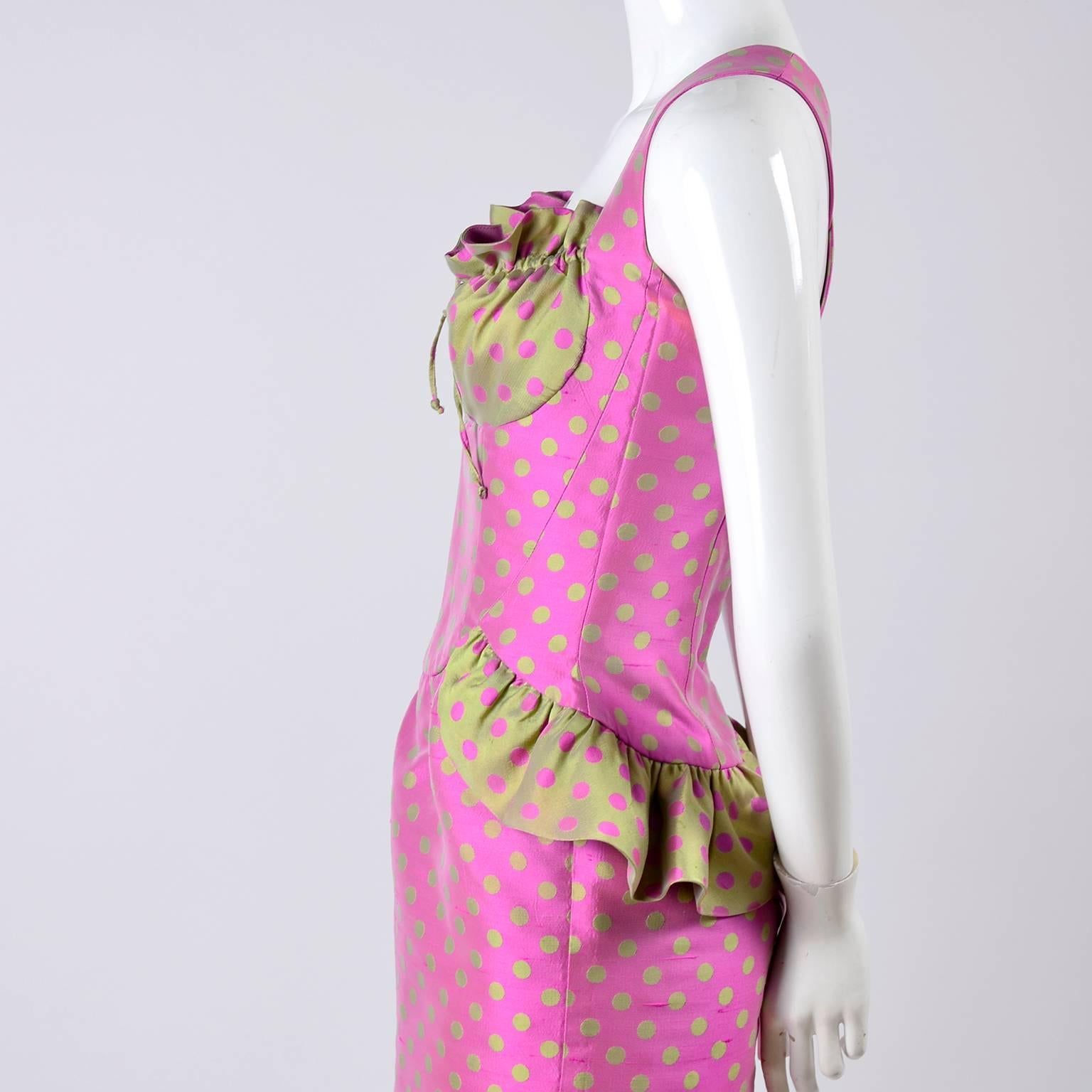 Women's Christian Lacroix Pink and Green Polka Dot Dress With Peplum and Gathered Bust