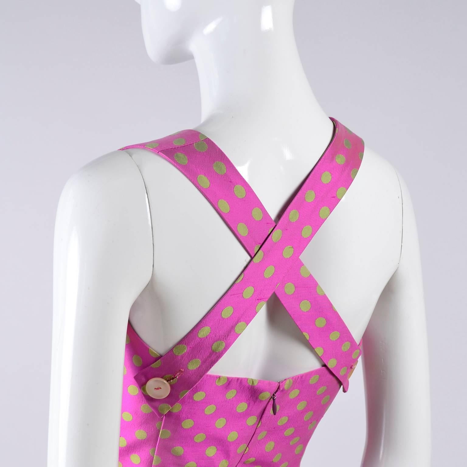 Christian Lacroix Pink and Green Polka Dot Dress With Peplum and Gathered Bust 1