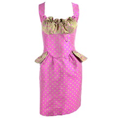 Retro Christian Lacroix Pink and Green Polka Dot Dress With Peplum and Gathered Bust