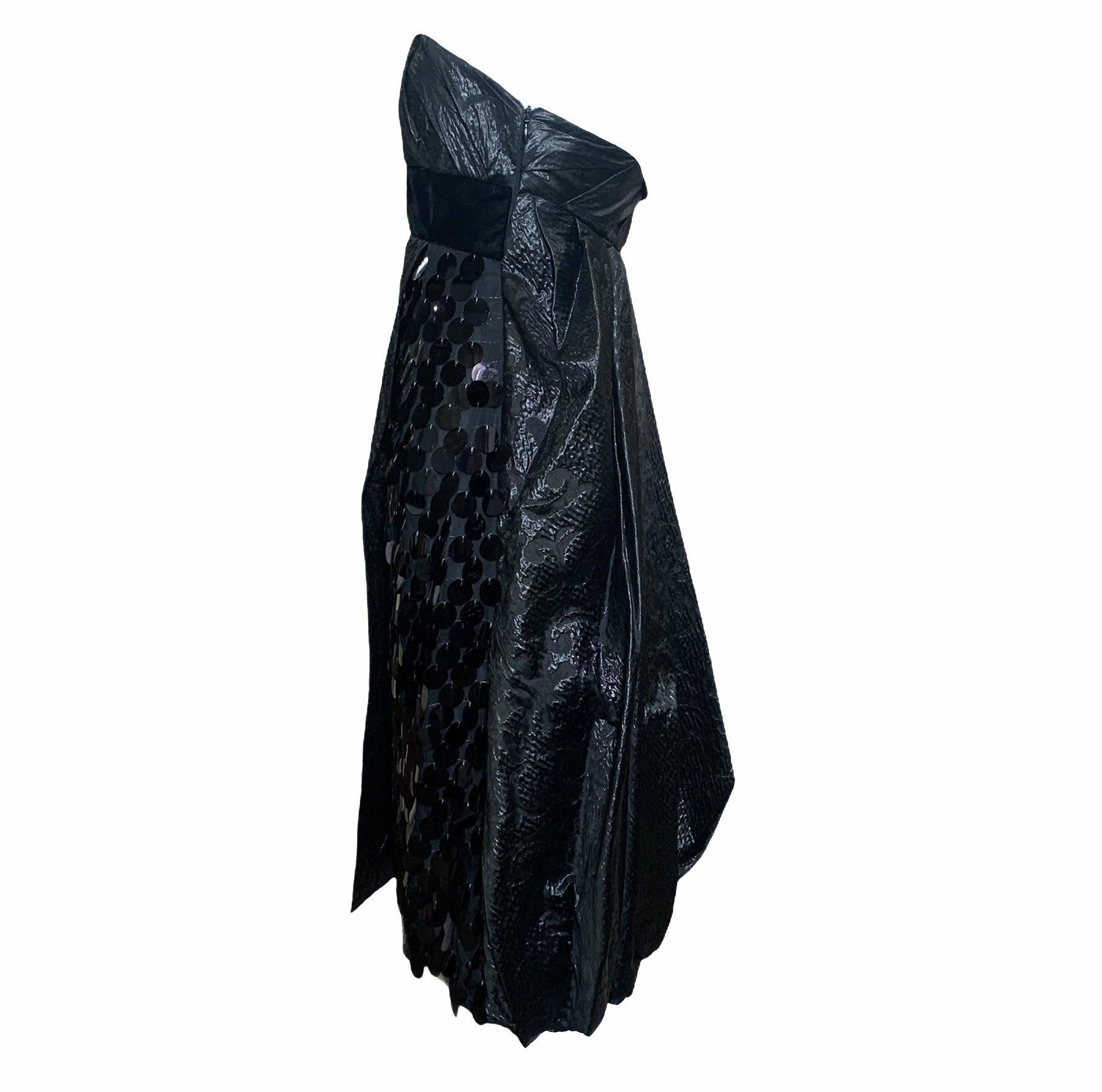 Black Christian Lacroix dress Strapless Matelasse w/ Oversize Paillettes, 1990s For Sale