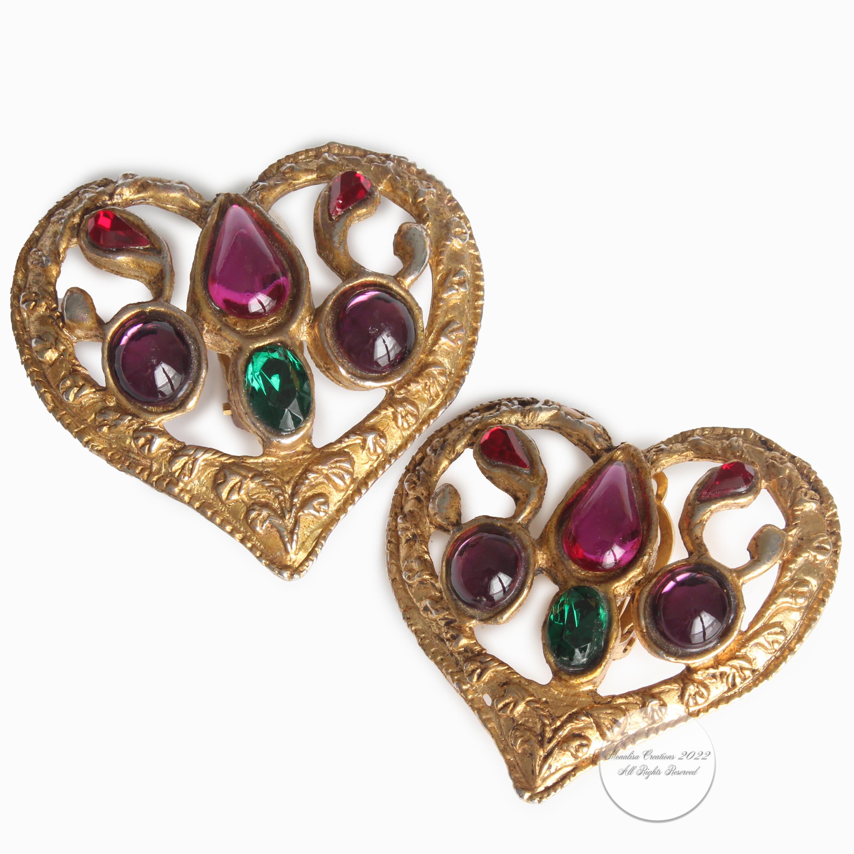 Baroque Revival Christian Lacroix Earrings Large Heart Shape Cabochons Statement Vintage 90s  For Sale