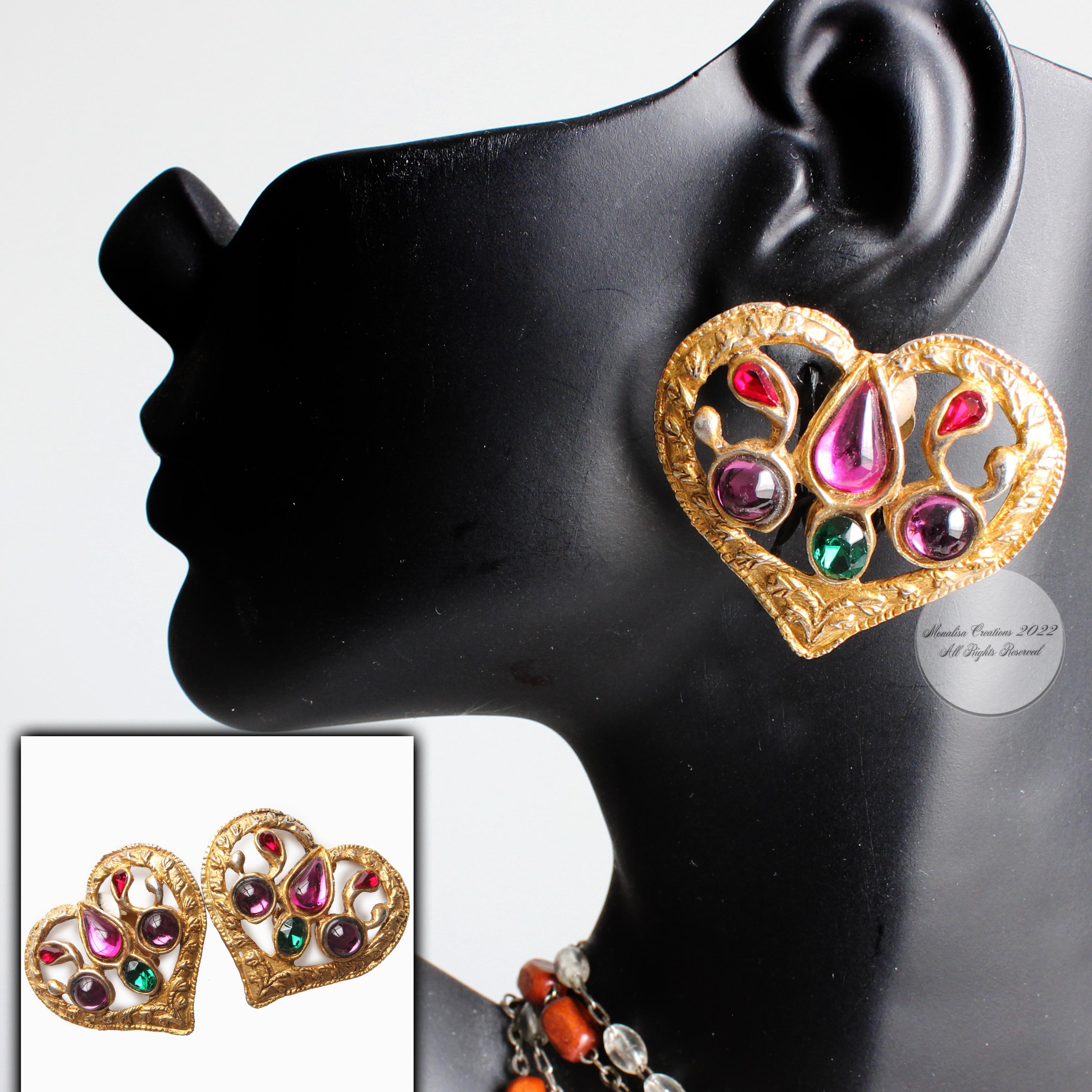 Christian Lacroix Earrings Large Heart Shape Cabochons Statement Vintage 90s  In Fair Condition For Sale In Port Saint Lucie, FL