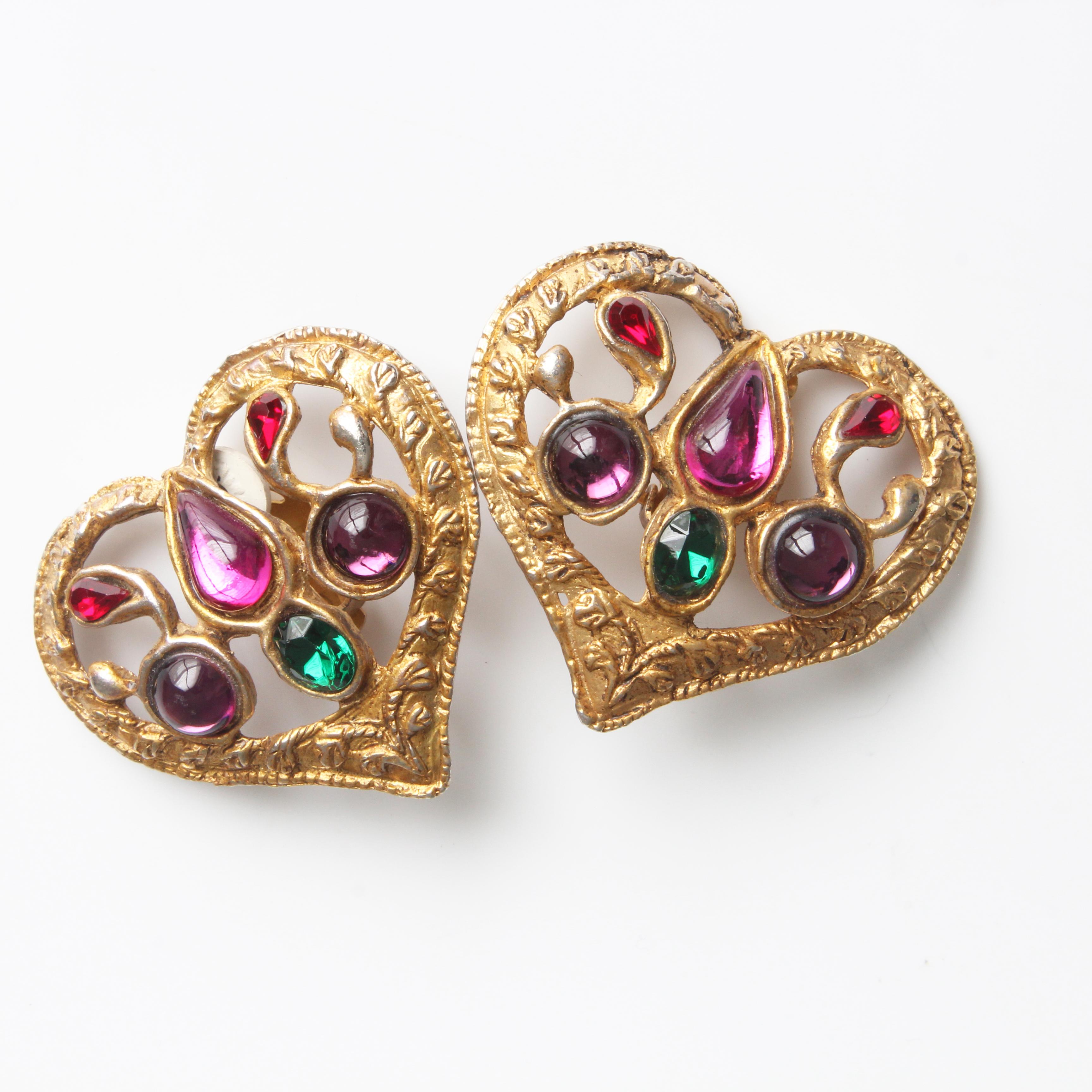 Christian Lacroix Earrings Large Heart Shape Cabochons Statement Vintage 90s  In Fair Condition For Sale In Port Saint Lucie, FL