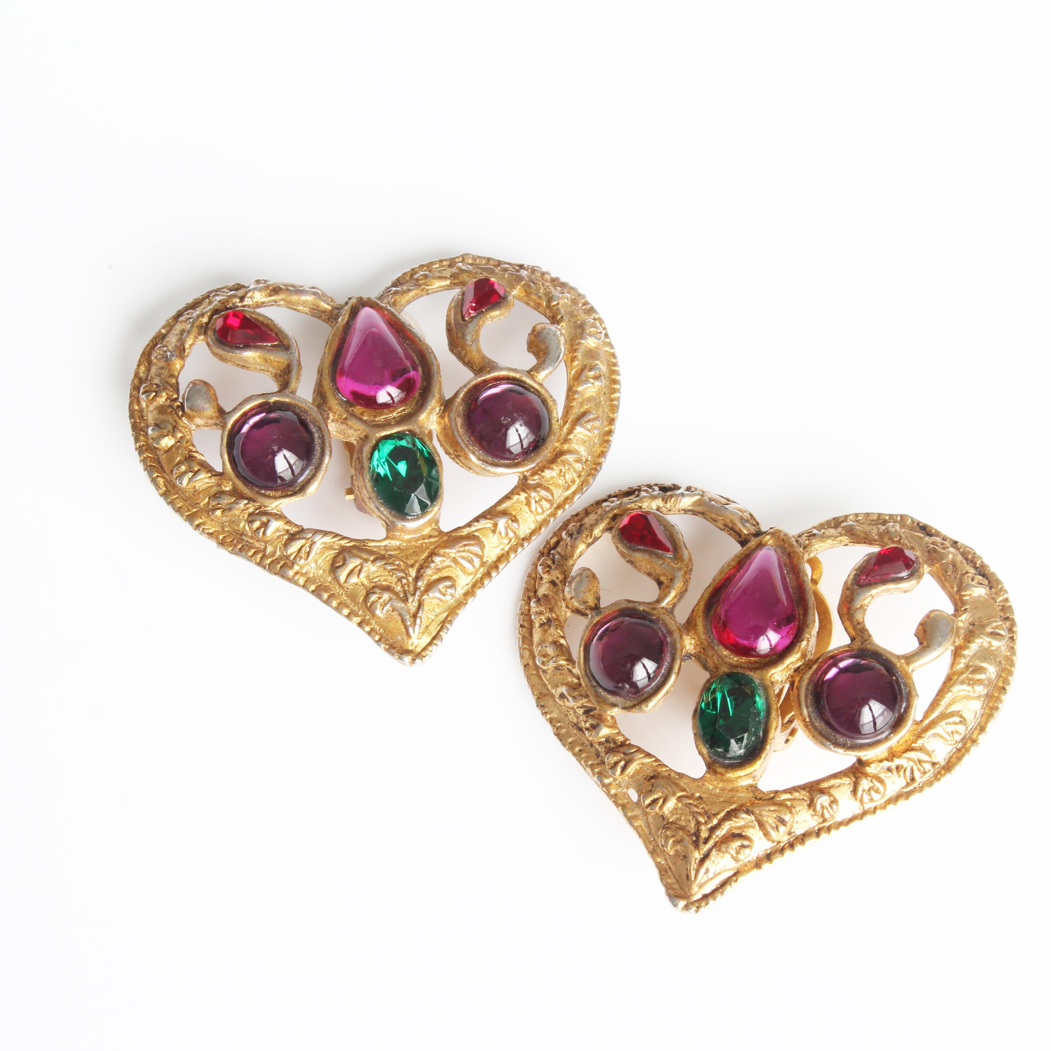 Women's or Men's Christian Lacroix Earrings Large Heart Shape Cabochons Statement Vintage 90s  For Sale