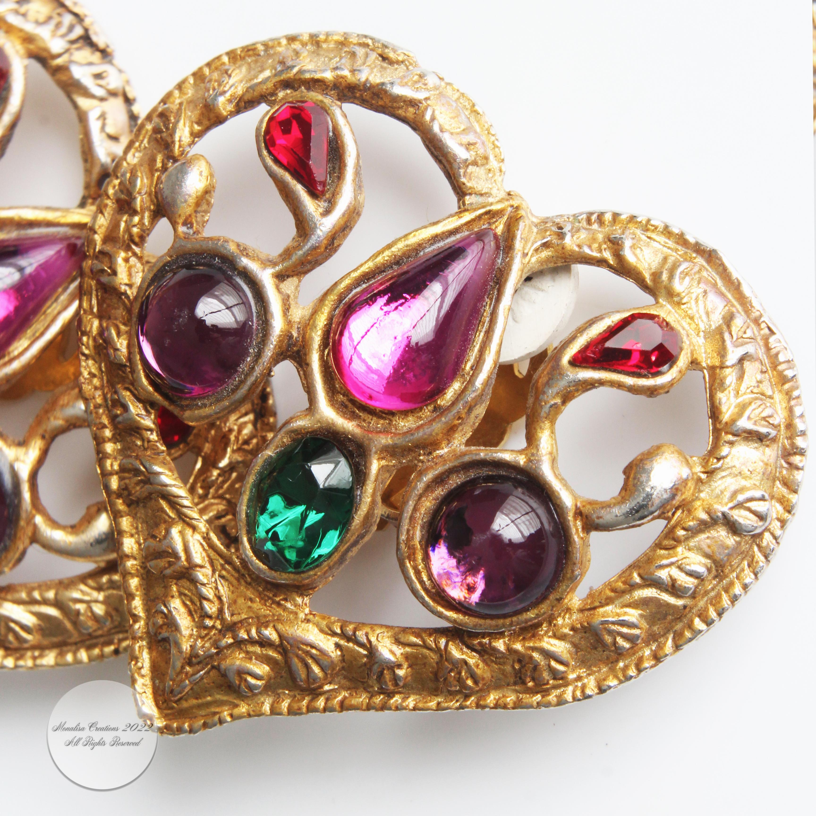 Christian Lacroix Earrings Statement Heart Shape Colored Cabochons Vintage 90s  3