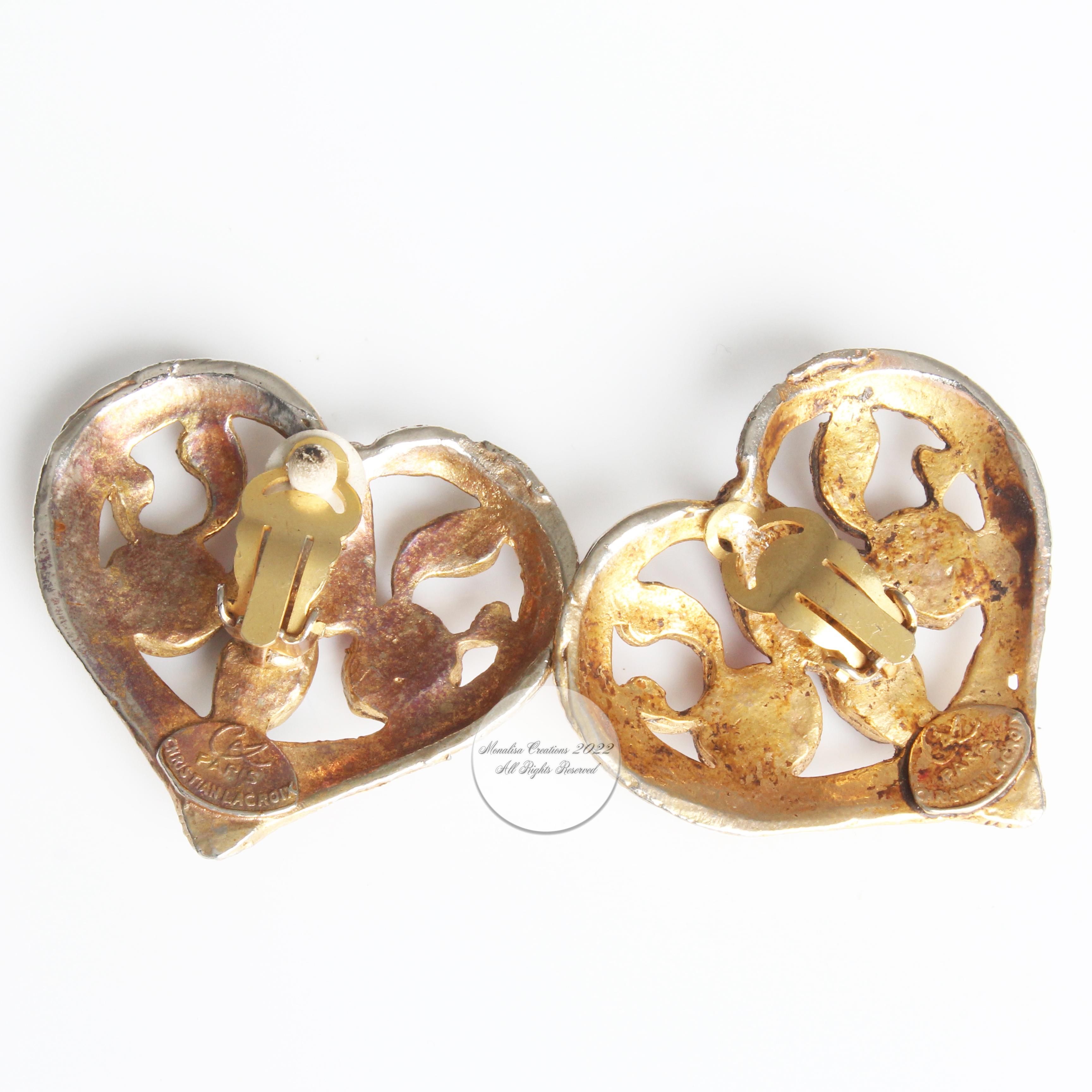 Christian Lacroix Earrings Statement Heart Shape Colored Cabochons Vintage 90s  4