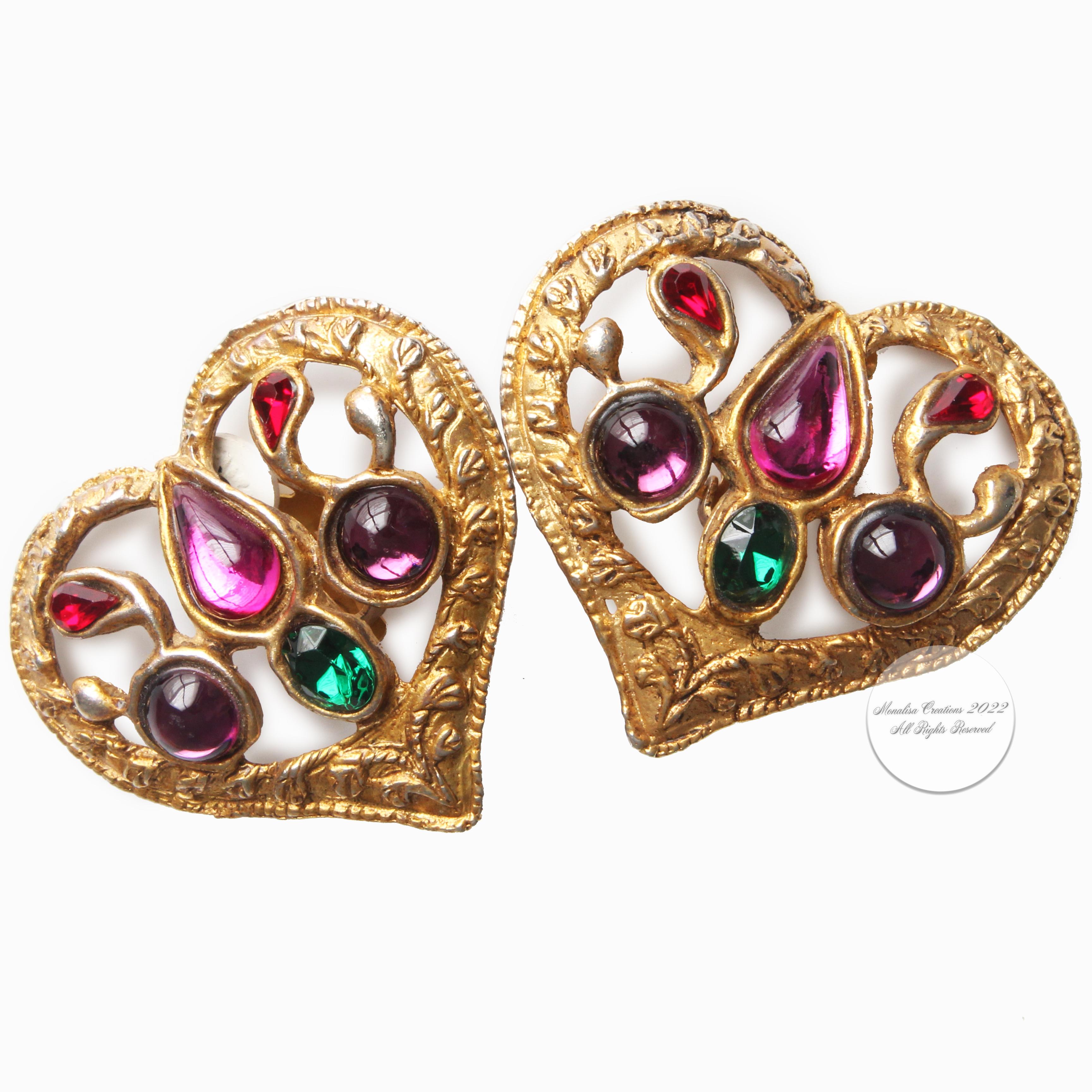 Baroque Revival Christian Lacroix Earrings Statement Heart Shape Colored Cabochons Vintage 90s 