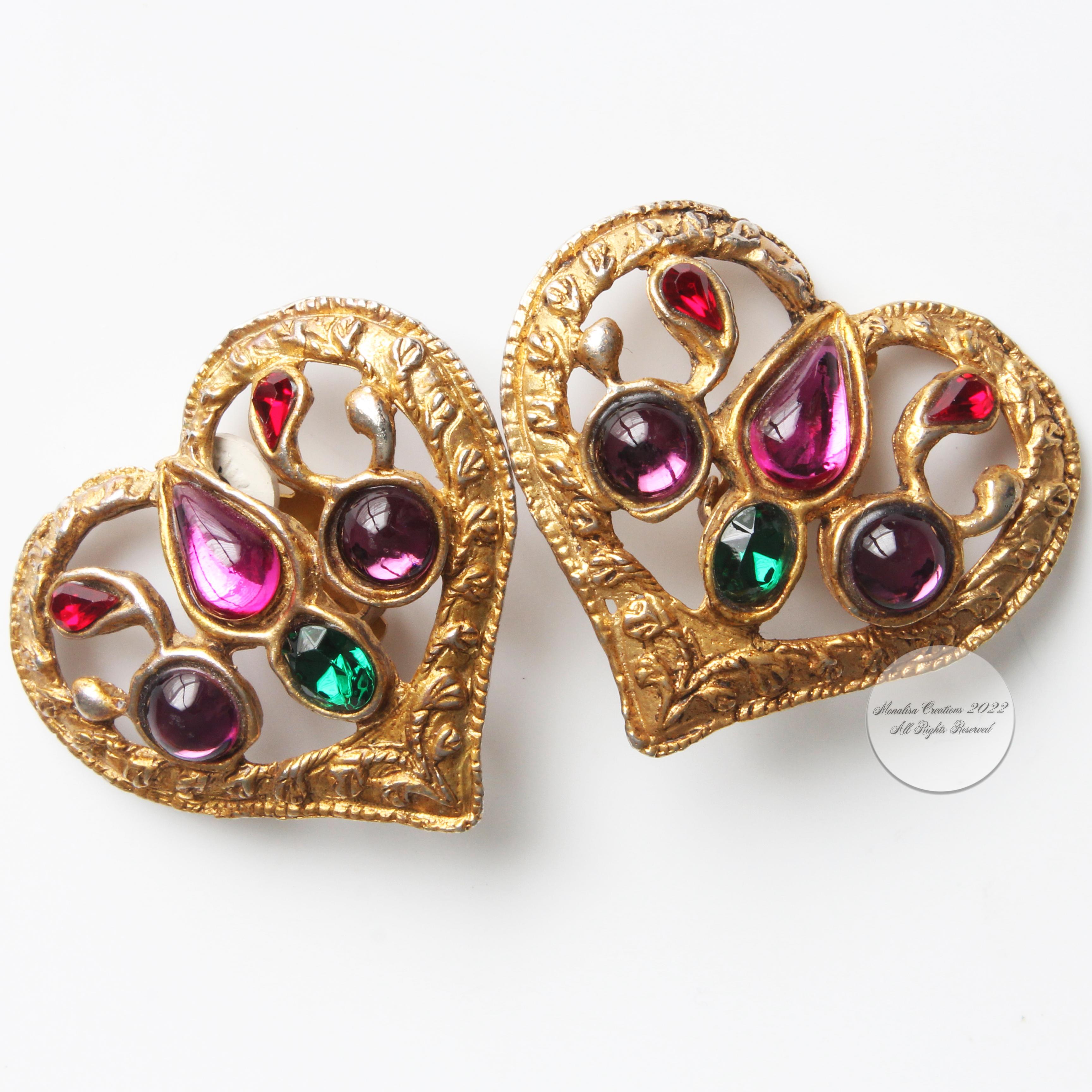 Christian Lacroix Earrings Statement Heart Shape Colored Cabochons Vintage 90s  In Fair Condition In Port Saint Lucie, FL