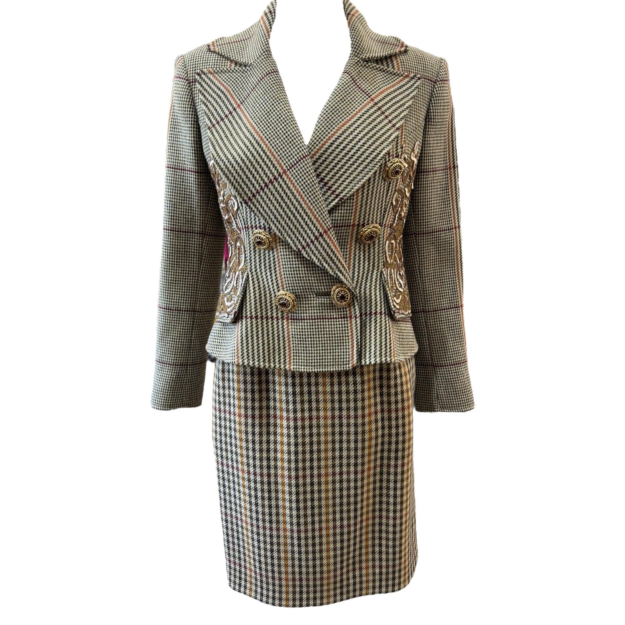 Christian Lacroix Traje con falda a cuadros marrón adornado, años 90 en venta