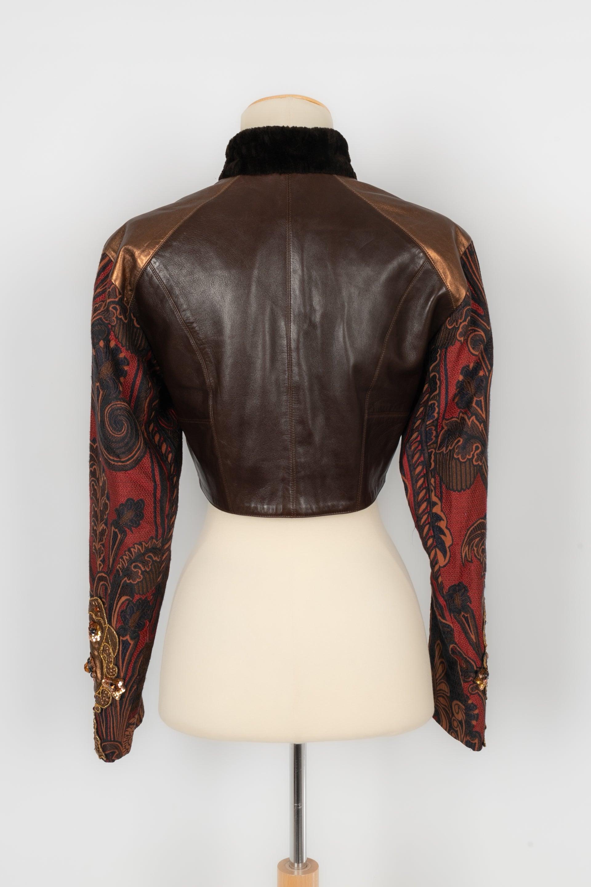 Christian Lacroix Embroidered Fabric and Leather Short Jacket In Excellent Condition In SAINT-OUEN-SUR-SEINE, FR