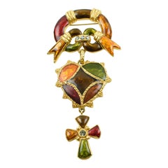 Christian Lacroix Enamel Cross Heart Pin Brooch