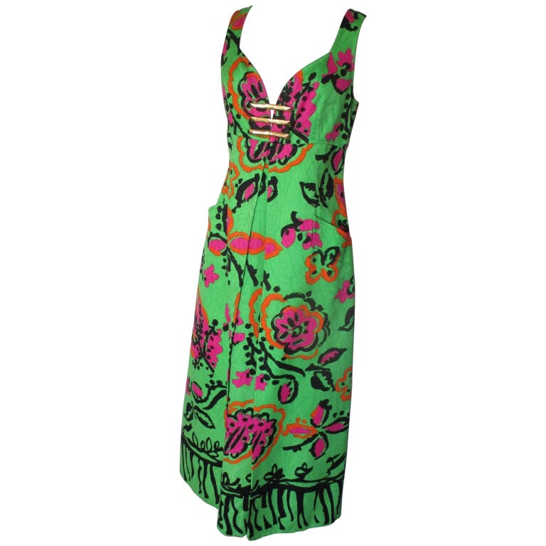 Christian Lacroix Floral Apple Green Cocktail Summer Gown Dress For Sale at  1stDibs