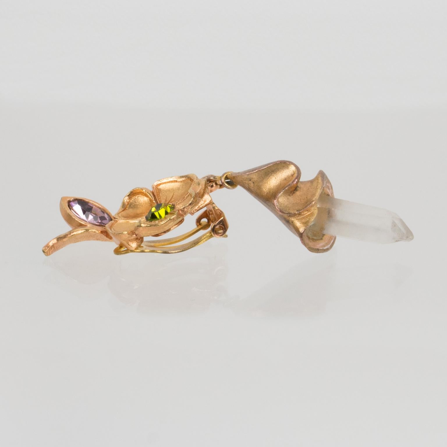 Christian Lacroix Floral Gilt Metal Jeweled Dangle Clip Earrings 5