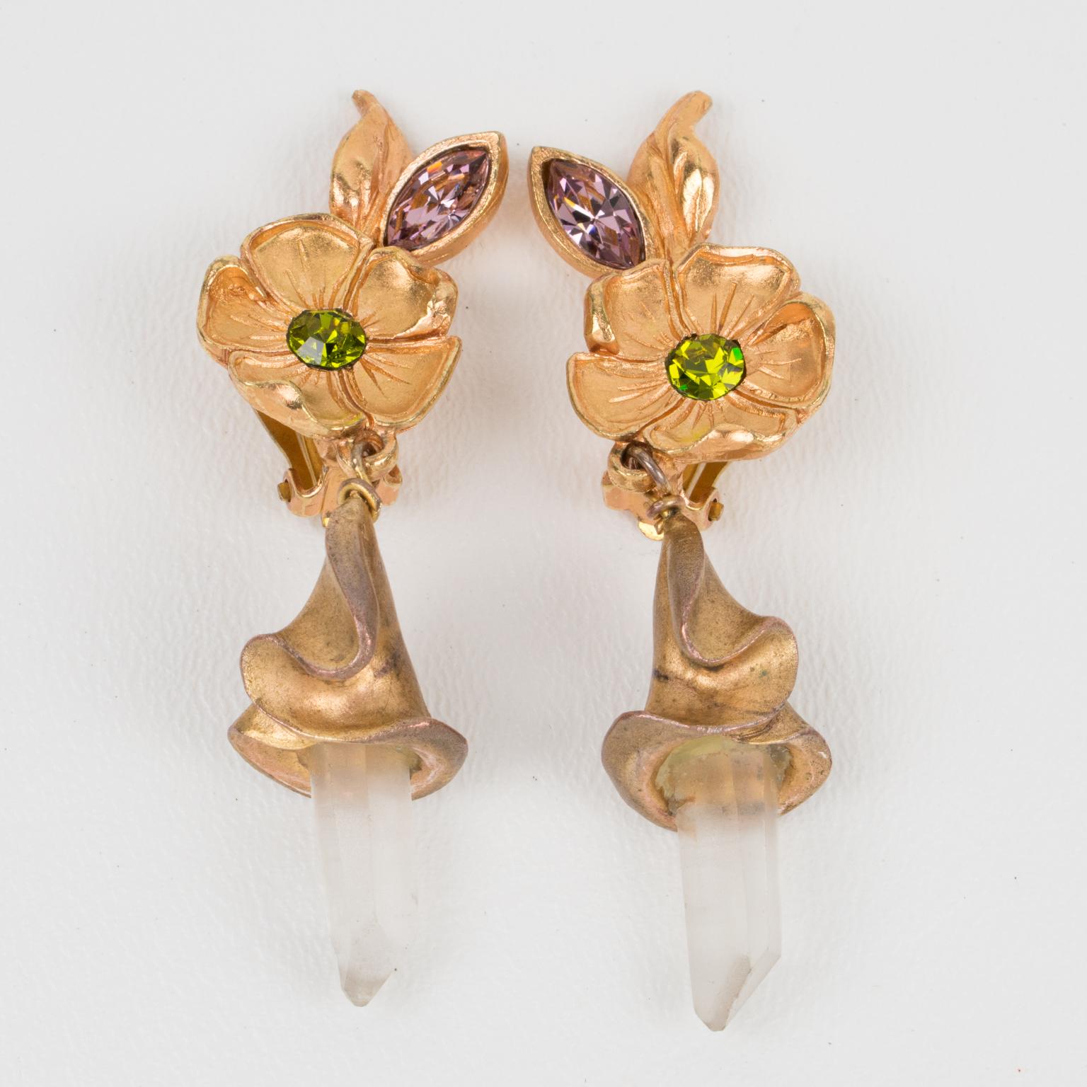 Mixed Cut Christian Lacroix Floral Gilt Metal Jeweled Dangle Clip Earrings