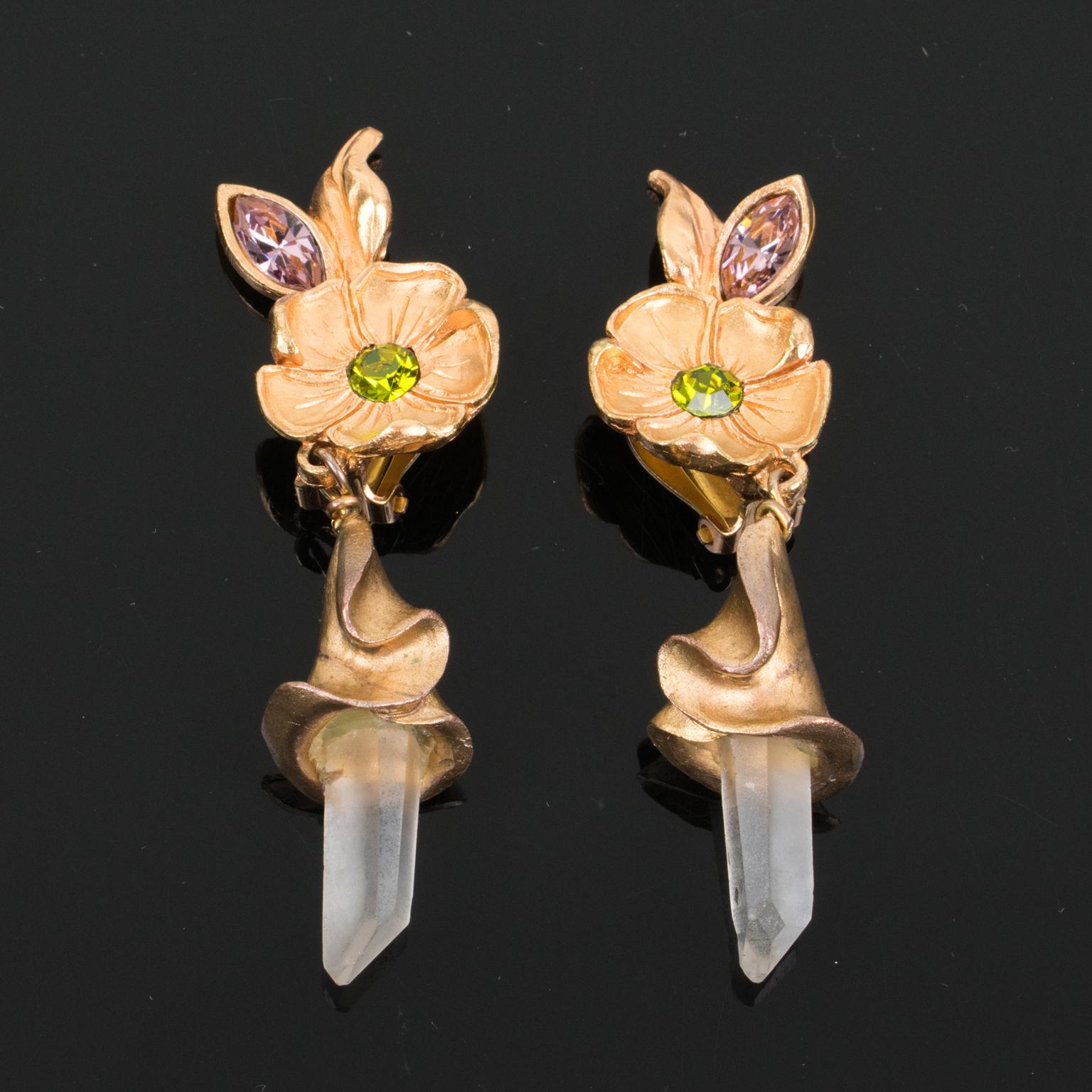 Christian Lacroix Floral Gilt Metal Jeweled Dangle Clip Earrings In Good Condition In Atlanta, GA