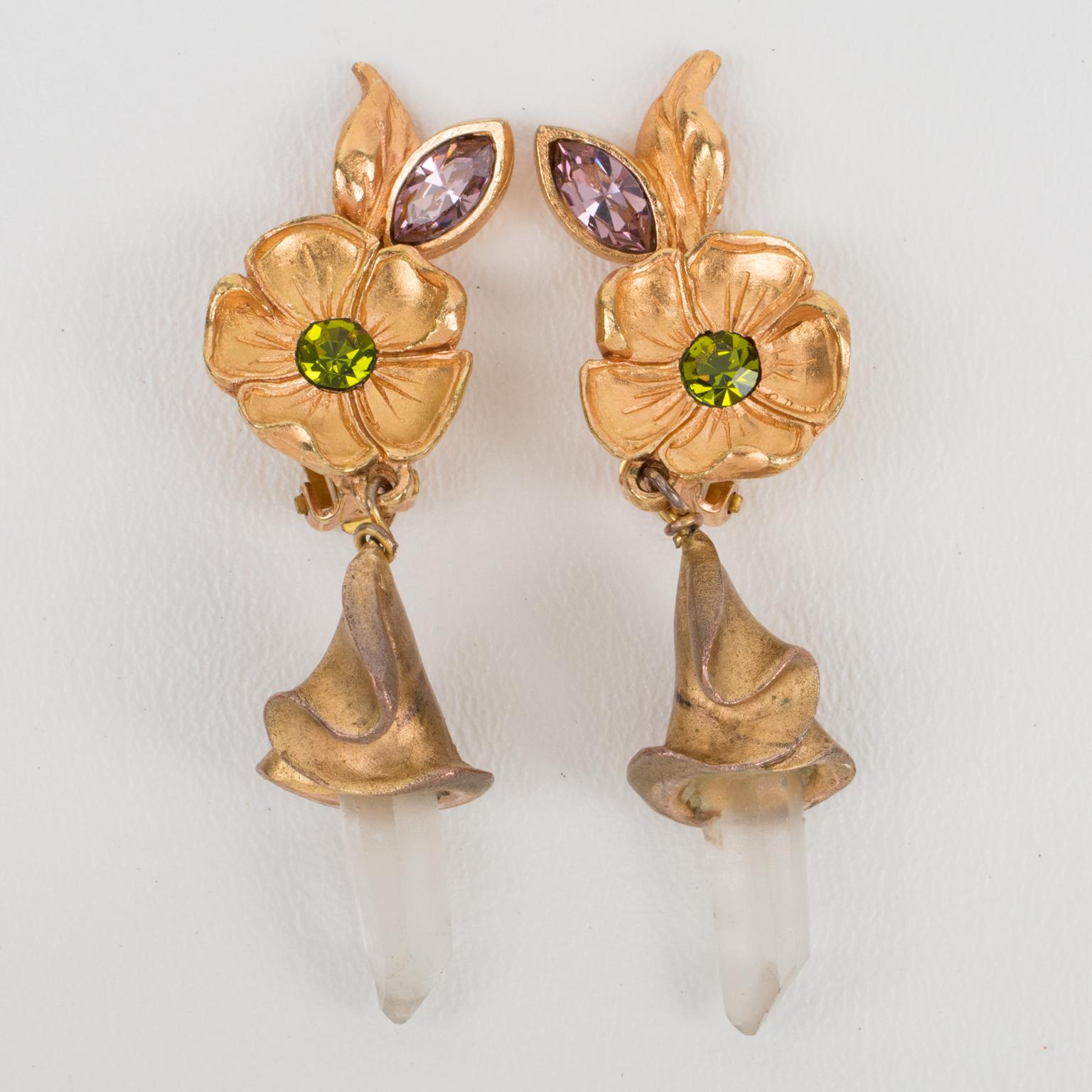 Women's or Men's Christian Lacroix Floral Gilt Metal Jeweled Dangle Clip Earrings