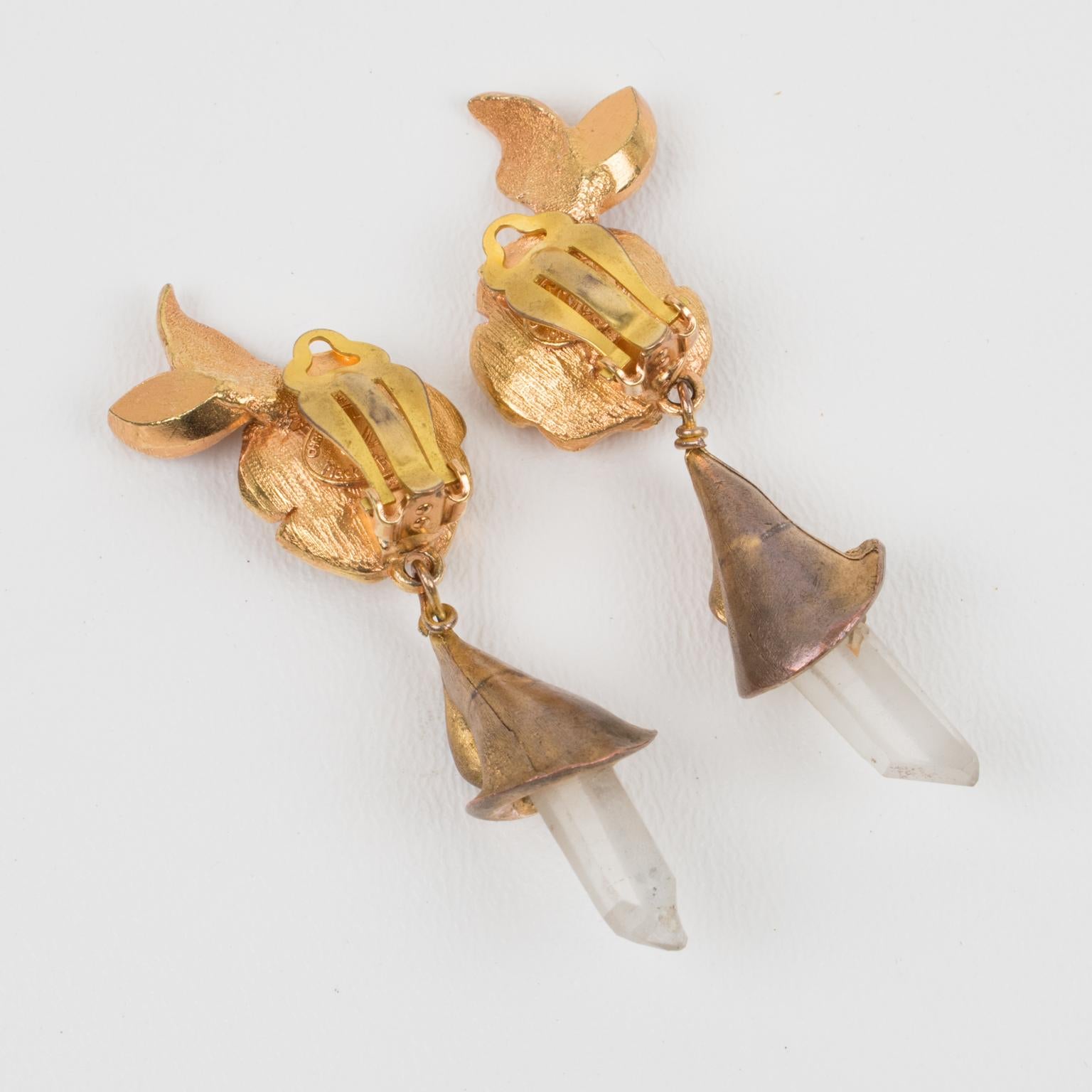Christian Lacroix Floral Gilt Metal Jeweled Dangle Clip Earrings 1