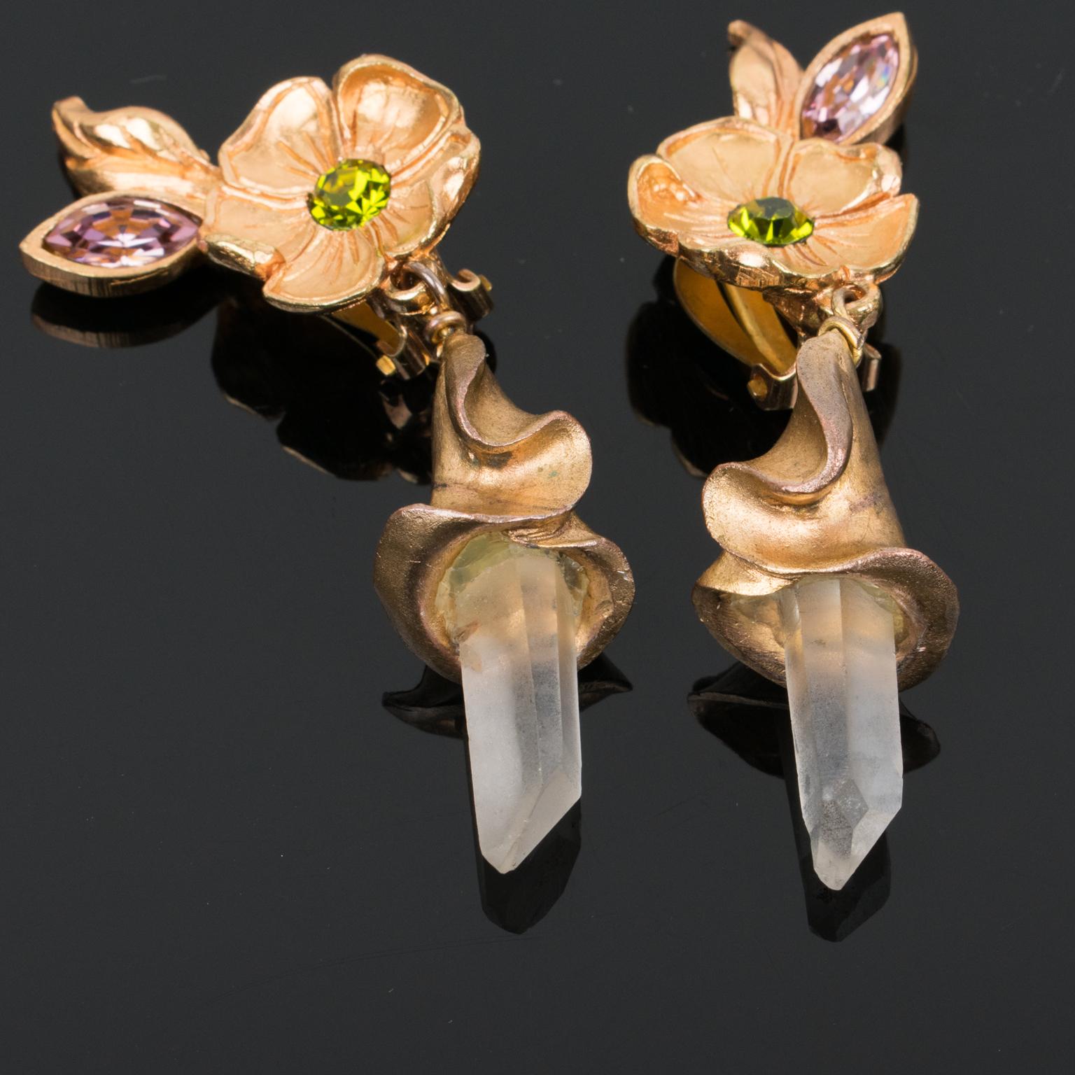 Christian Lacroix Floral Gilt Metal Jeweled Dangle Clip Earrings 3