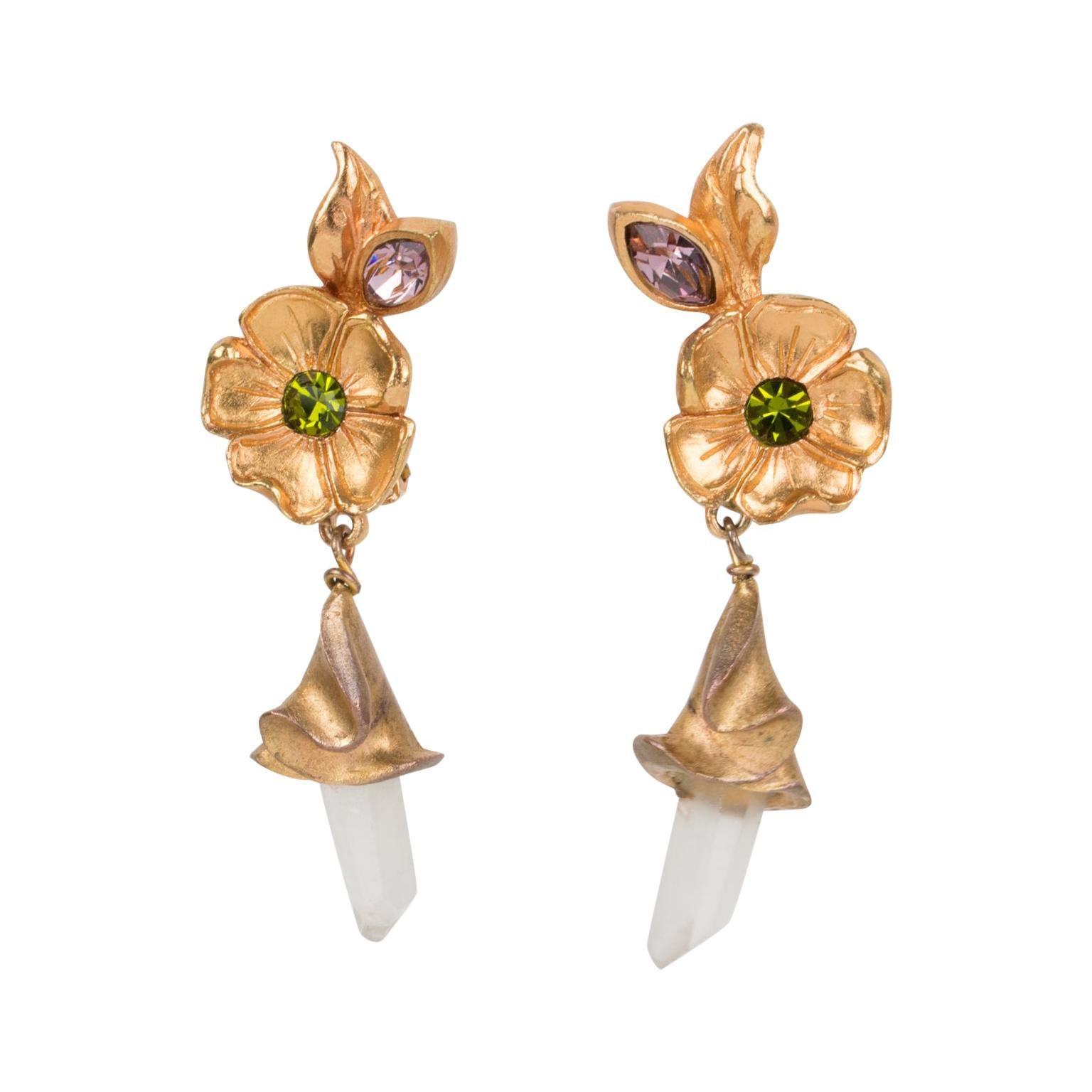 Christian Lacroix Floral Gilt Metal Jeweled Dangle Clip Earrings