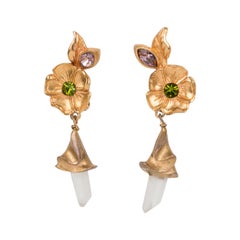 Christian Lacroix Floral Gilt Metal Jeweled Dangle Clip Earrings