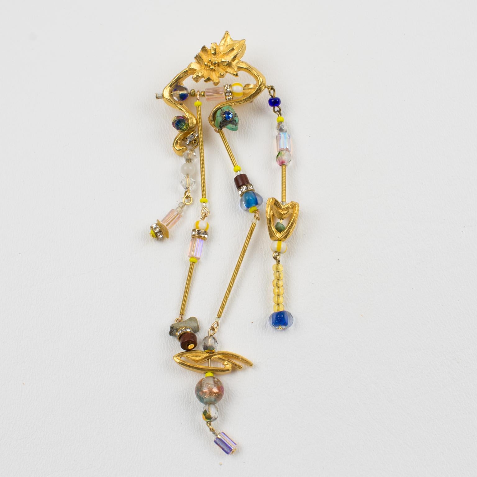 Modern Christian Lacroix Futuristic Gilt Metal Jeweled Pin Brooch