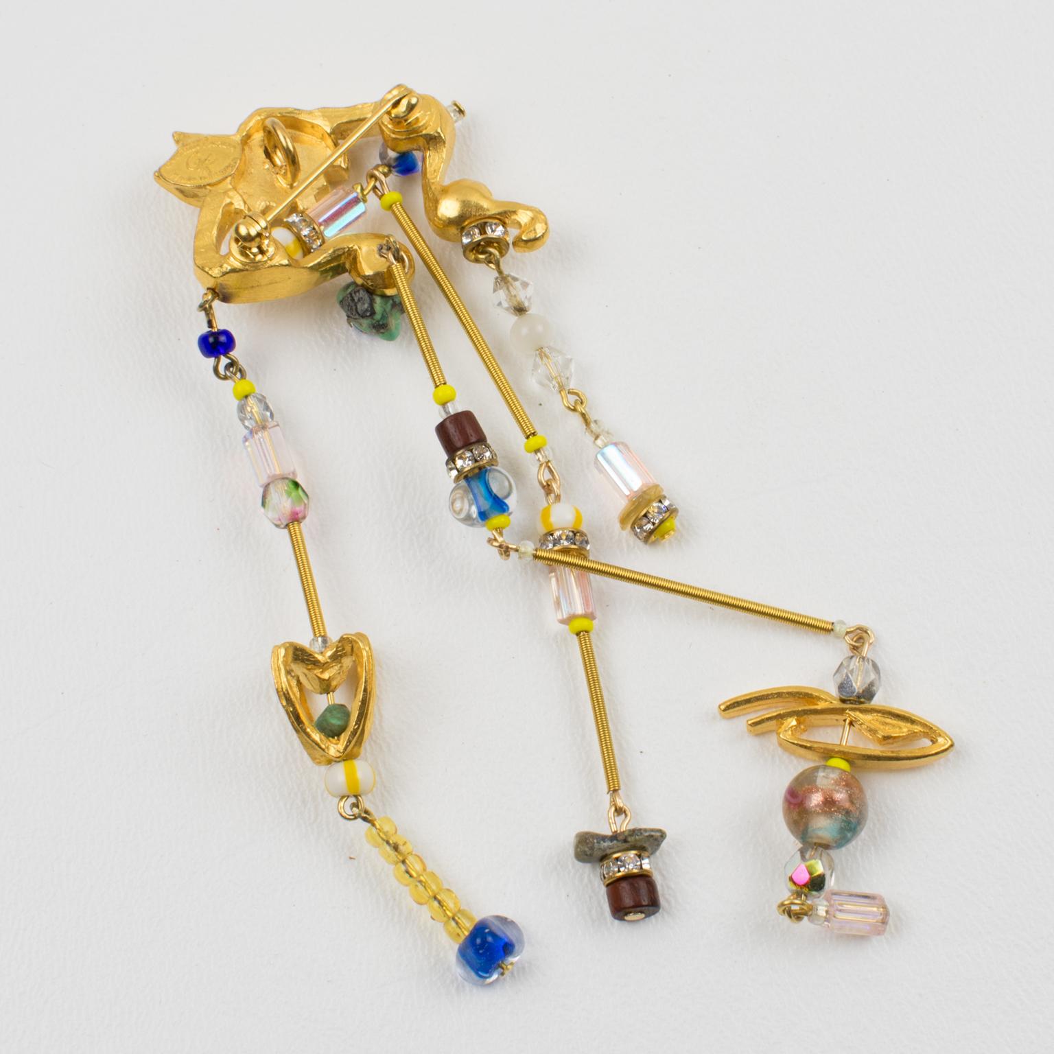 Women's or Men's Christian Lacroix Futuristic Gilt Metal Jeweled Pin Brooch