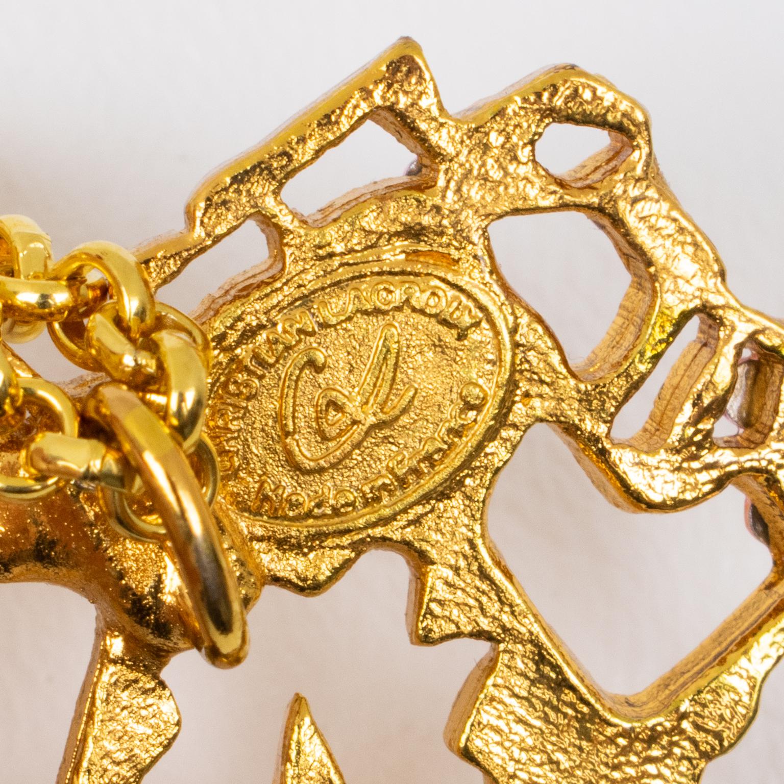 Christian Lacroix, collier pendentif cœur brutaliste en métal doré et bijoux roses en vente 6