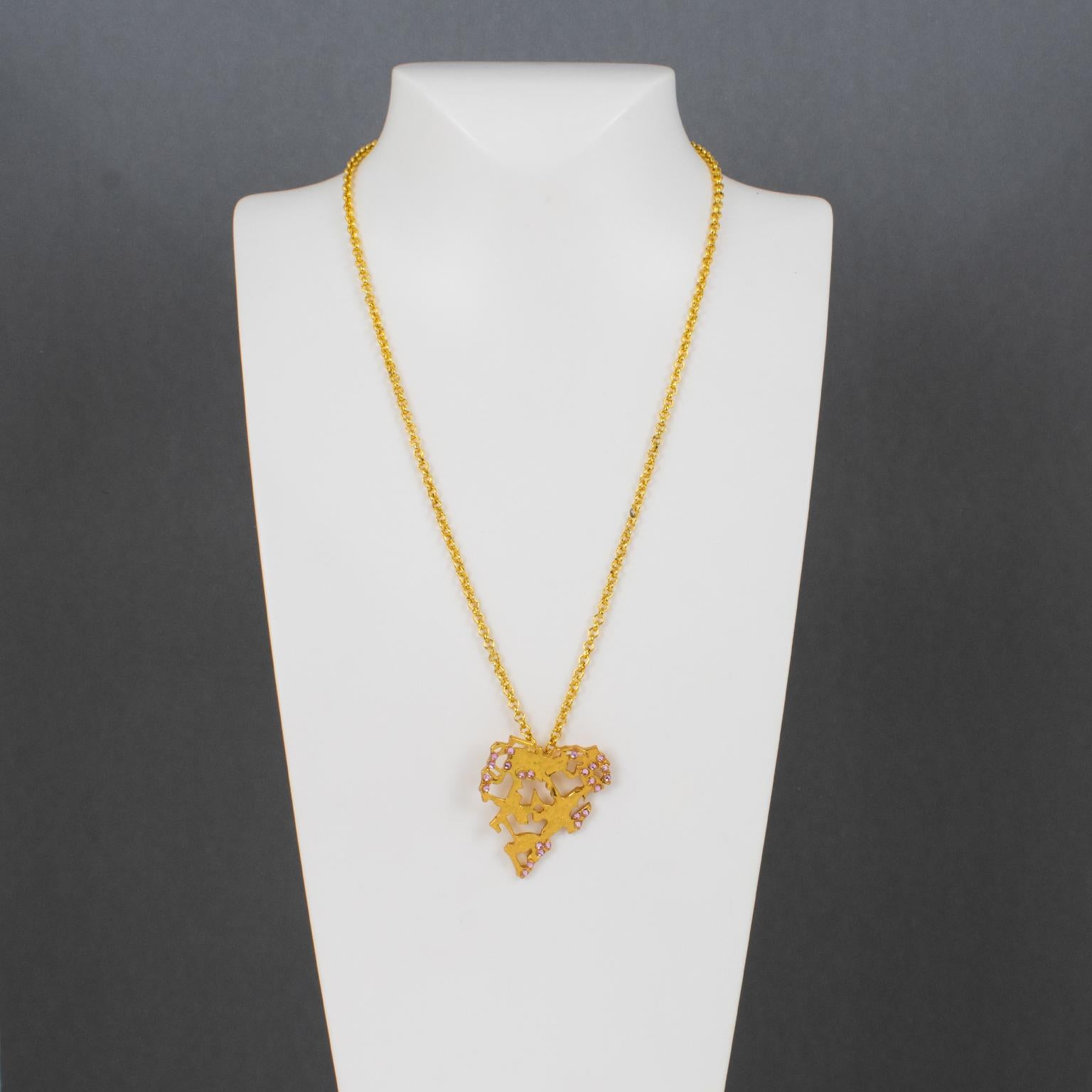 Modern Christian Lacroix Gilt Metal and Pink Jeweled Brutalist Heart Pendant Necklace For Sale