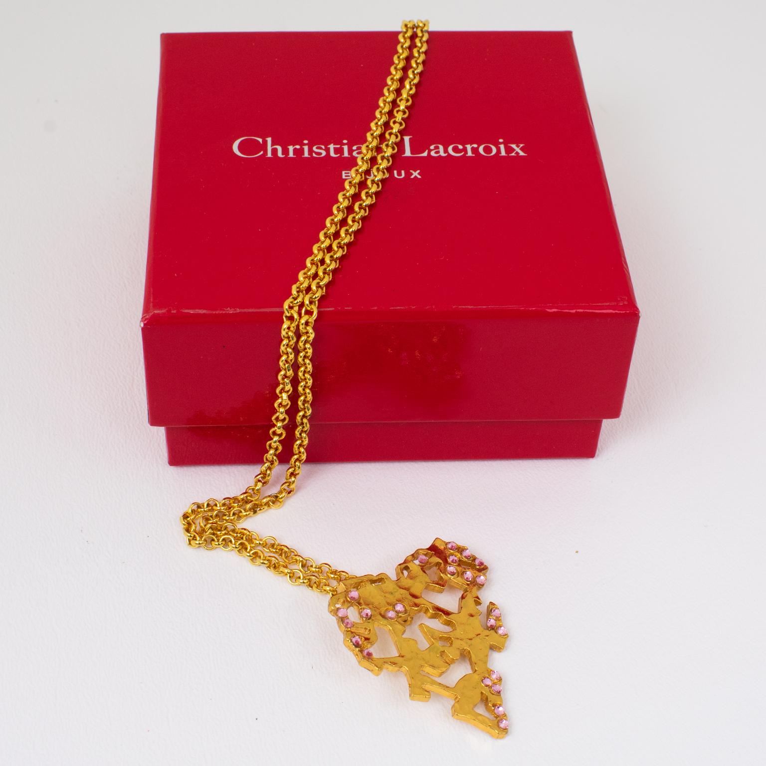 Christian Lacroix Gilt Metal and Pink Jeweled Brutalist Heart Pendant Necklace In Excellent Condition For Sale In Atlanta, GA