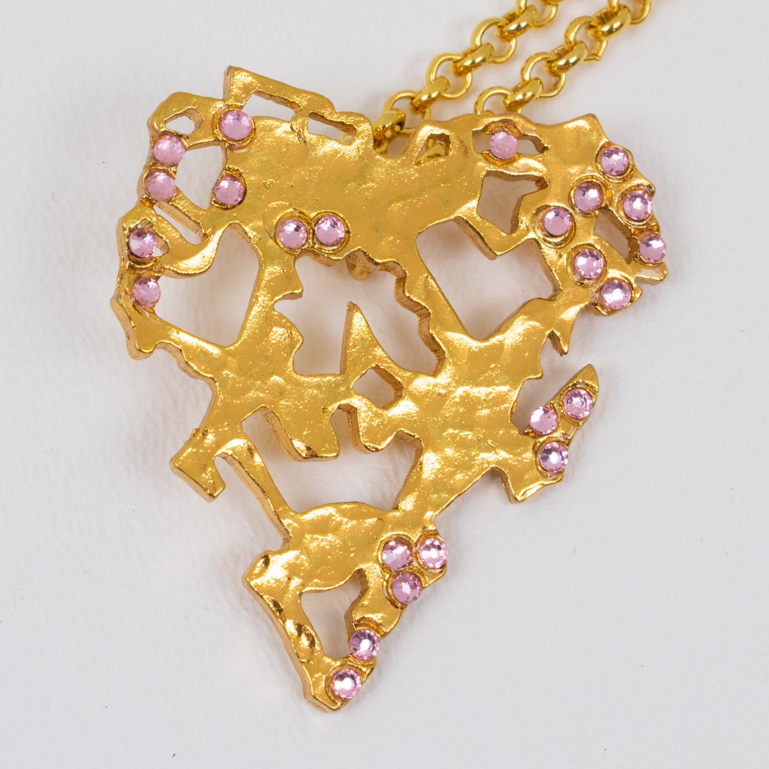 Christian Lacroix Gilt Metal and Pink Jeweled Brutalist Heart Pendant Necklace For Sale 3