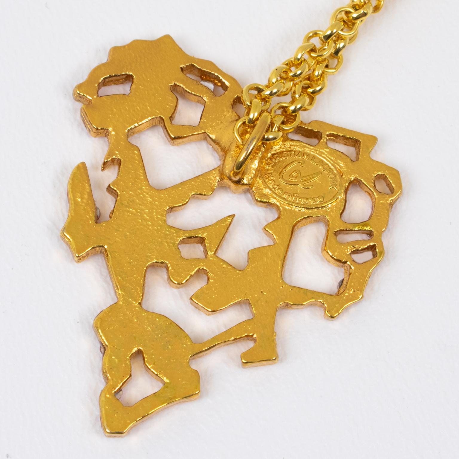 Christian Lacroix Gilt Metal and Pink Jeweled Brutalist Heart Pendant Necklace For Sale 4