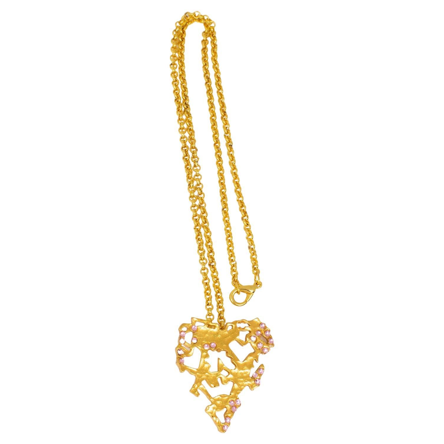 Christian Lacroix Gilt Metal and Pink Jeweled Brutalist Heart Pendant Necklace For Sale
