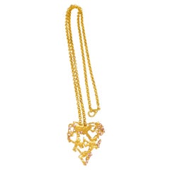 Vintage Christian Lacroix Gilt Metal and Pink Jeweled Brutalist Heart Pendant Necklace