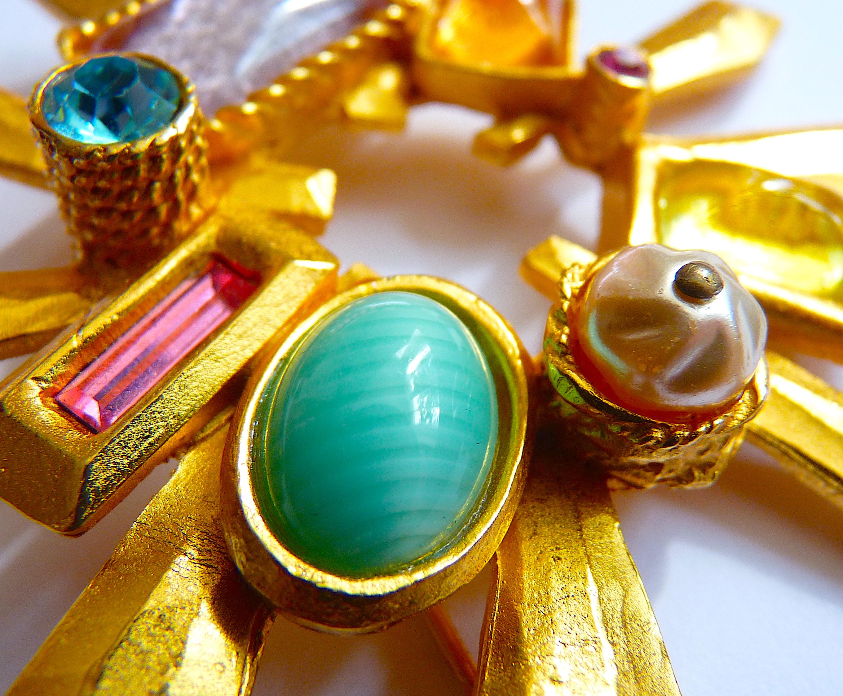 Christian Lacroix Poured Glass Cabochons and Gilt Metal Brooch, 1990s For Sale 1