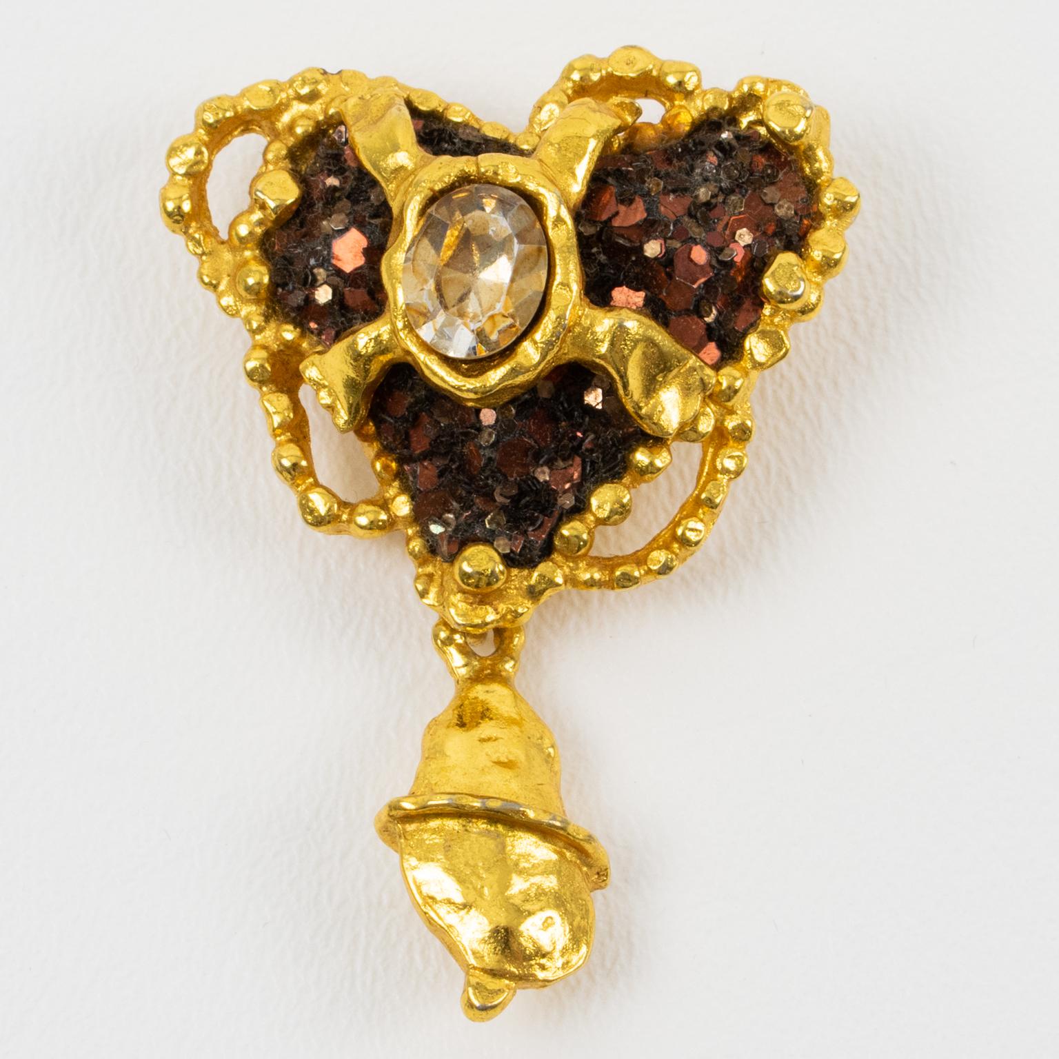 Moderne Christian Lacroix Broche en métal doré en forme de cœur baroque en vente