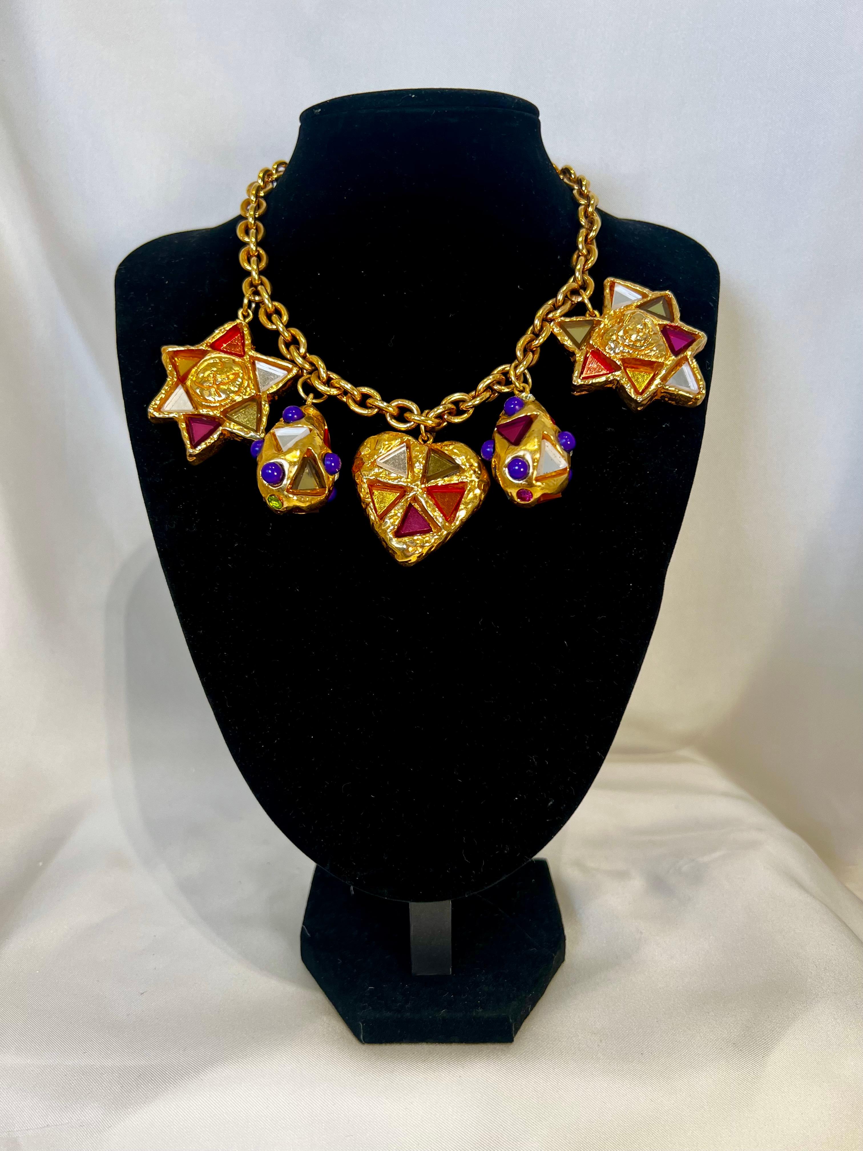 Christian Lacroix Glass Rainbow Heart Stars Necklace Vintage France For Sale 5