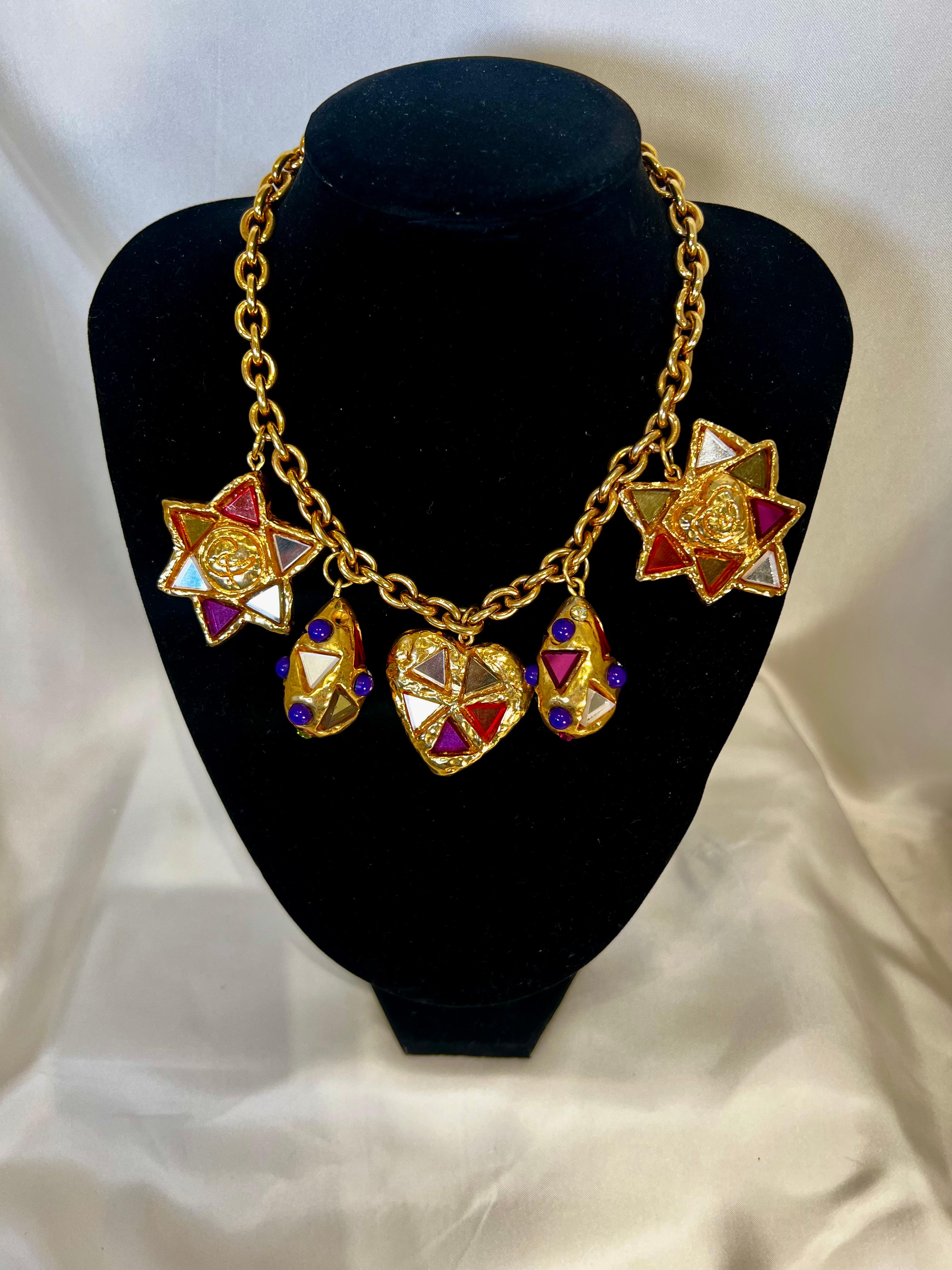 Christian Lacroix Glass Rainbow Heart Stars Necklace Vintage France For Sale 6
