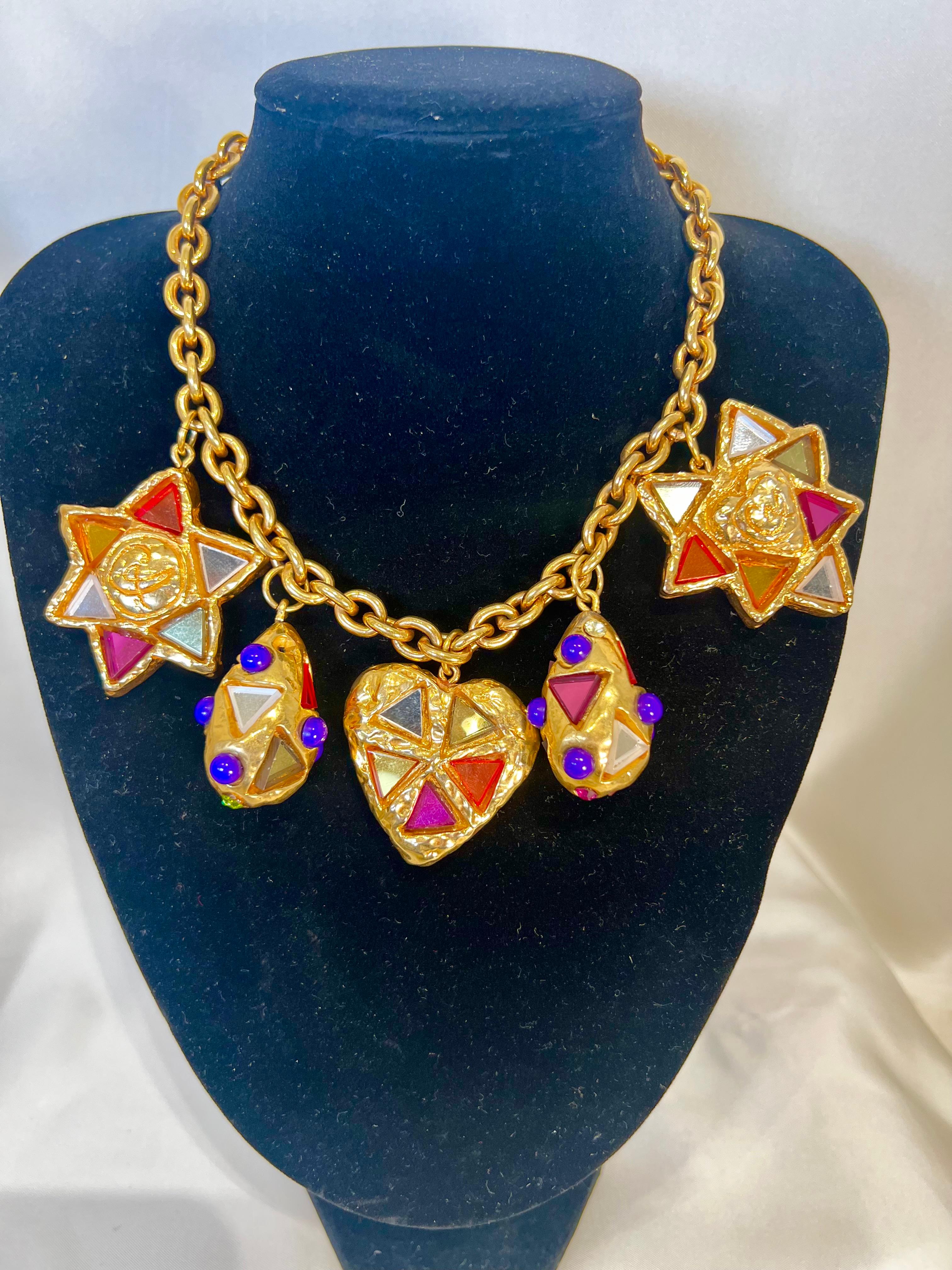 Christian Lacroix Glass Rainbow Heart Stars Necklace Vintage France For Sale 8
