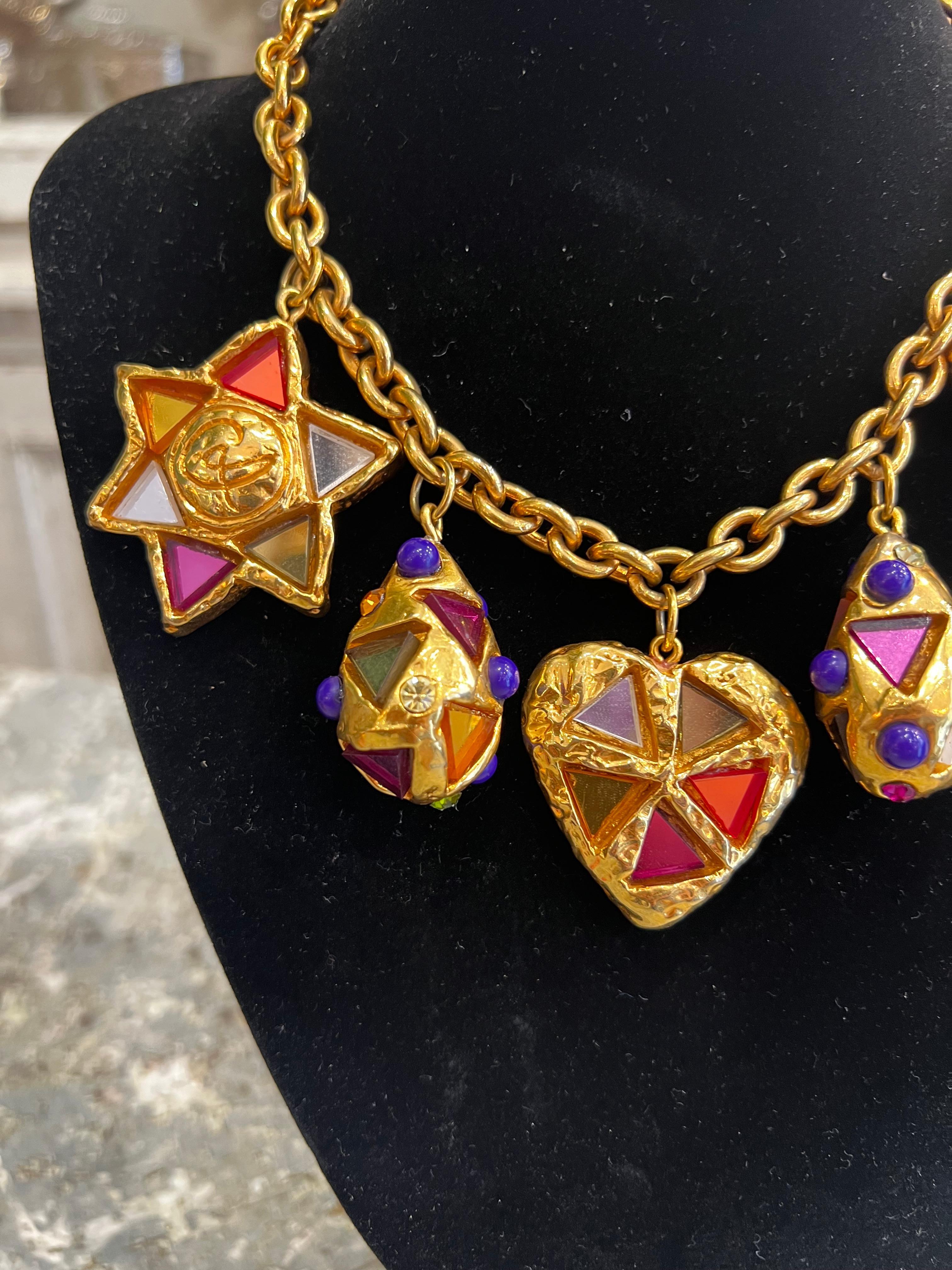 Contemporary Christian Lacroix Glass Rainbow Heart Stars Necklace Vintage France For Sale