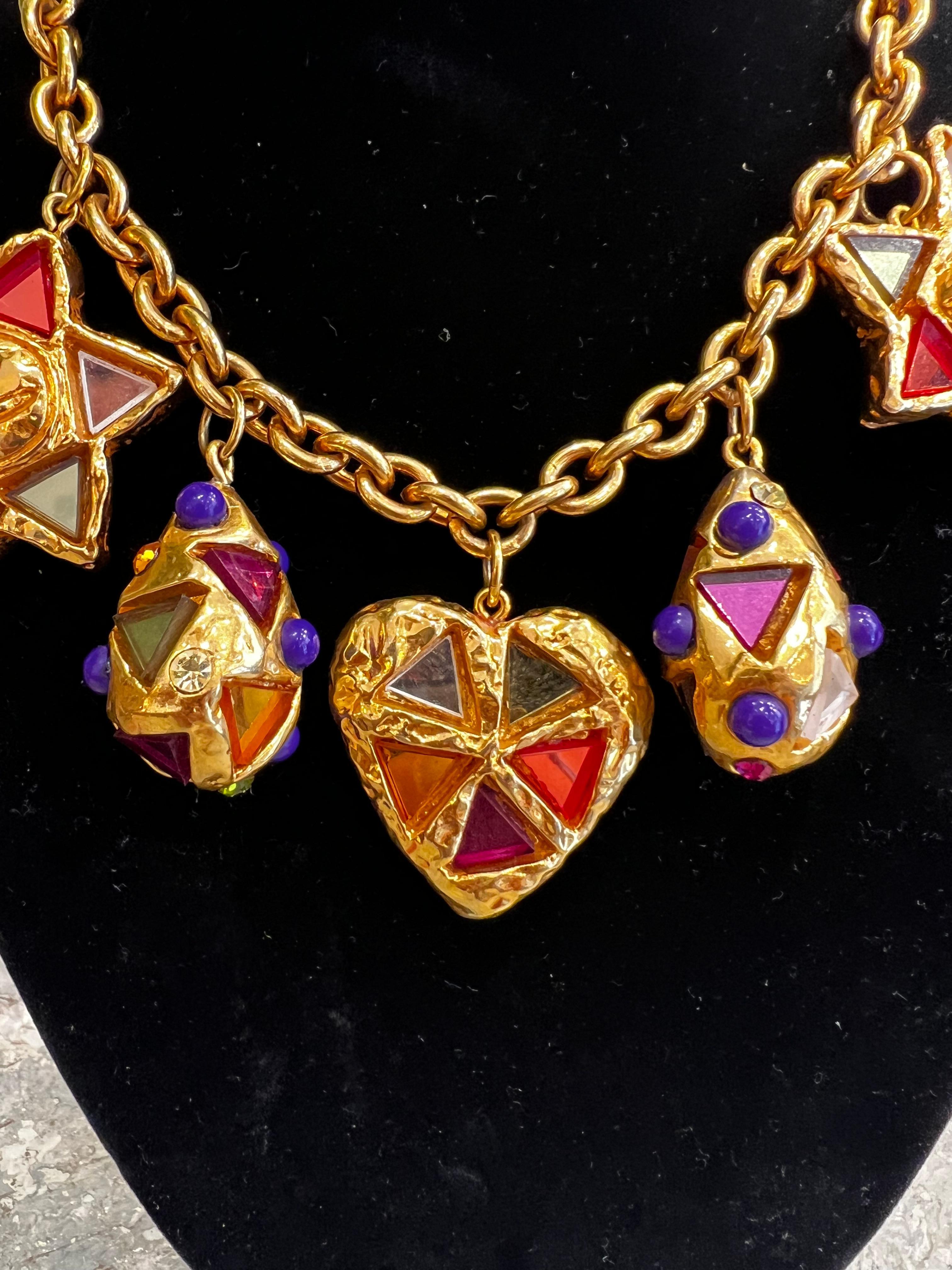 Christian Lacroix Glass Rainbow Heart Stars Necklace Vintage France In Good Condition For Sale In Mārupe, LV