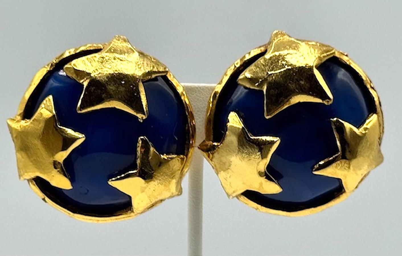 Christian Lacroix Gold Stars on Blue Resin Buttom Earrings For Sale 7