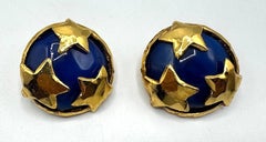 Christian Lacroix Gold Stars on Blue Resin Buttom Earrings