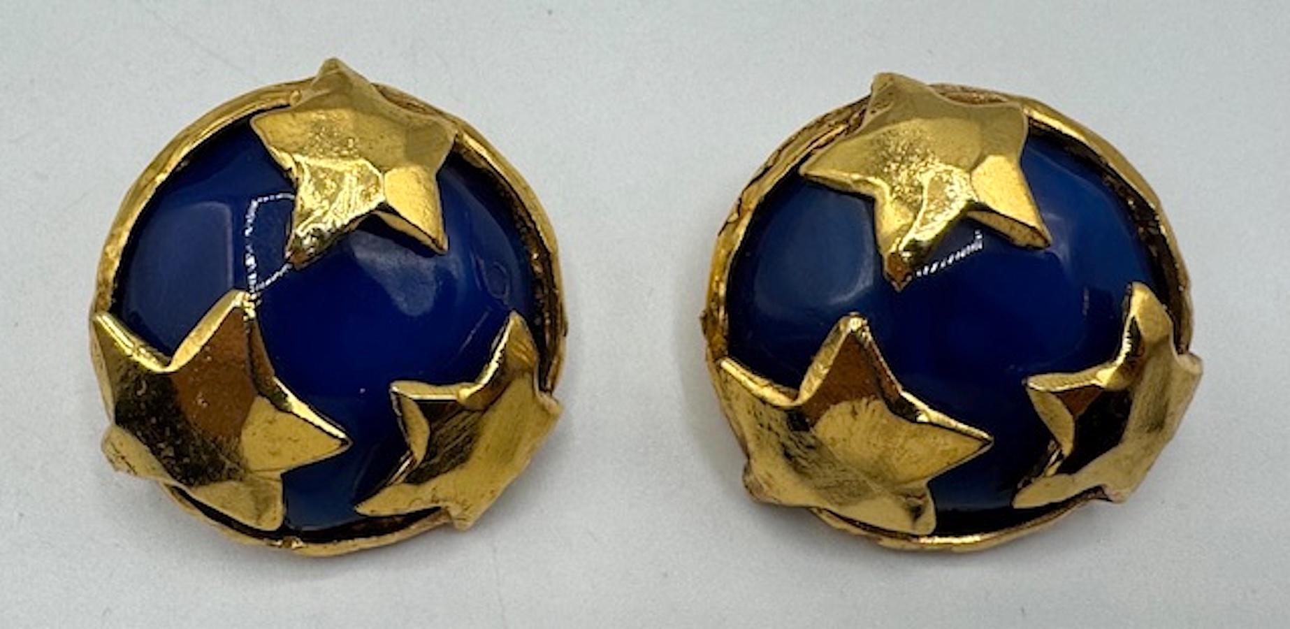 Christian Lacroix Gold Stars on Blue Resin Buttom Earrings For Sale 1