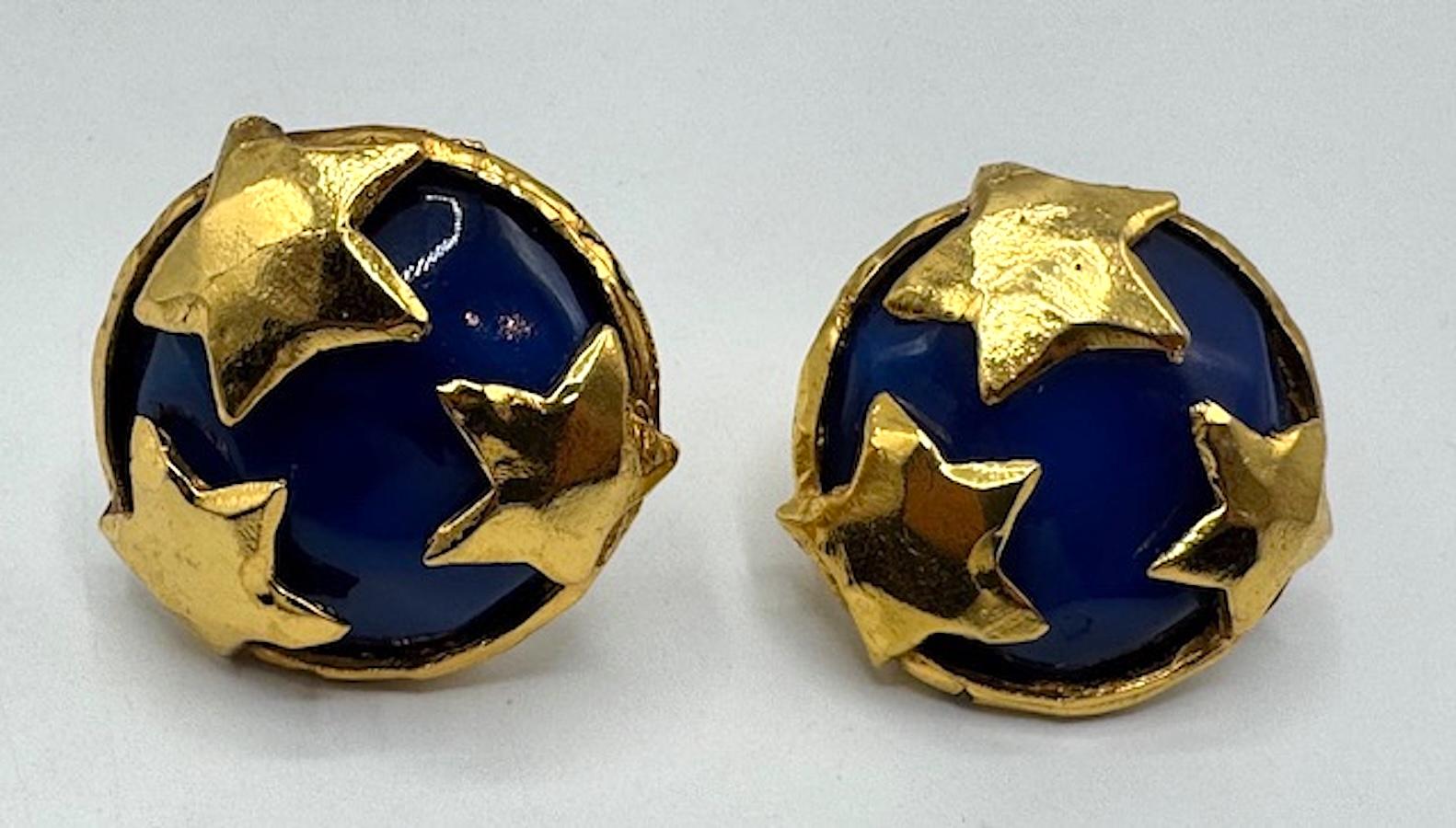 Christian Lacroix Gold Stars on Blue Resin Buttom Earrings For Sale 5