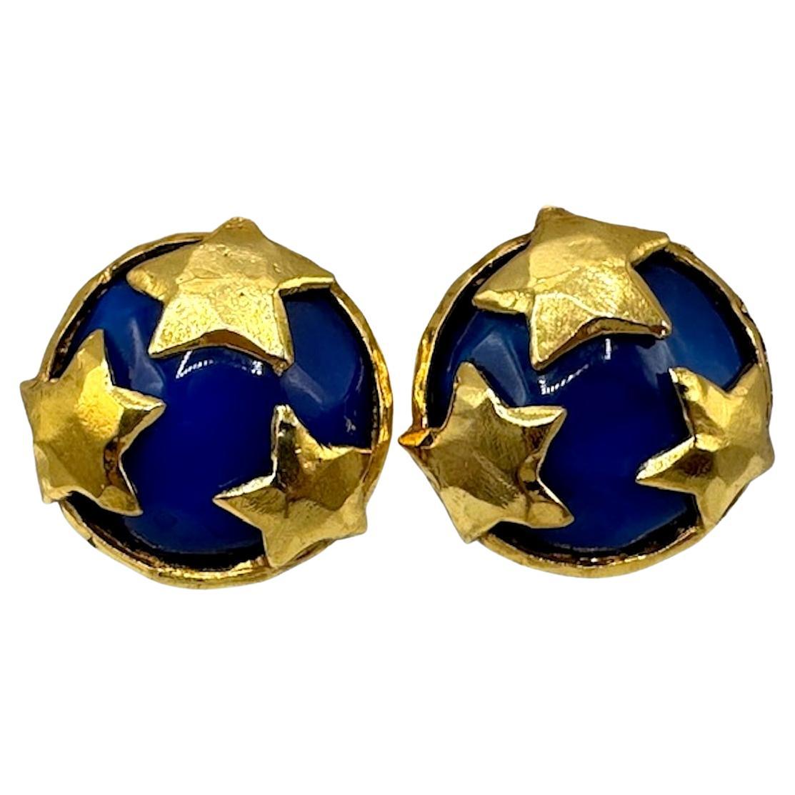 Christian Lacroix Gold Stars on Blue Resin Buttom Earrings For Sale