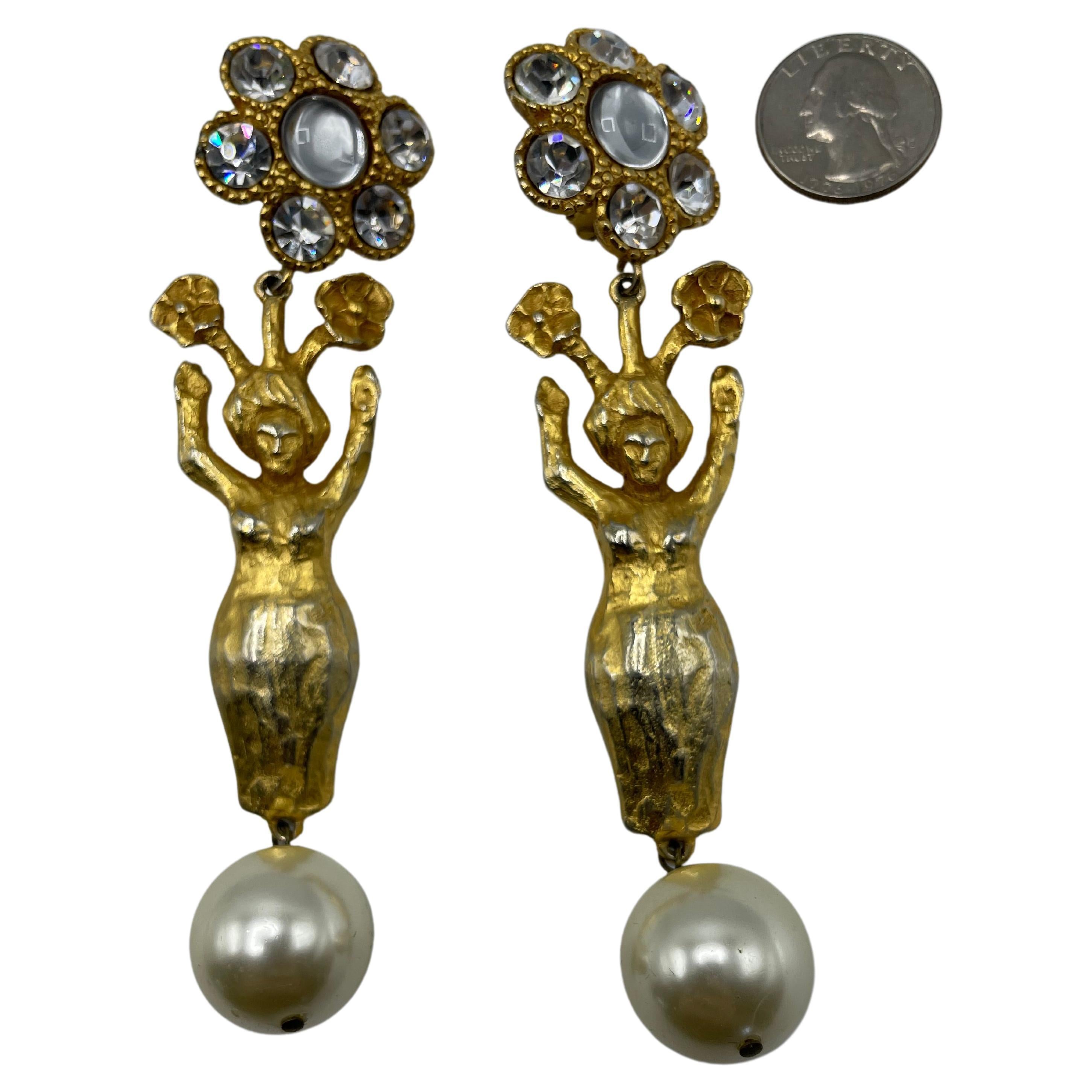 Christian Lacroix Gold-Toned Drop Earrings Pearl Rhinestone. In good condition. With the Christian Lacroix stamp in the back. Made in France.
Length = 14 cm 
Width = 3 cm 
