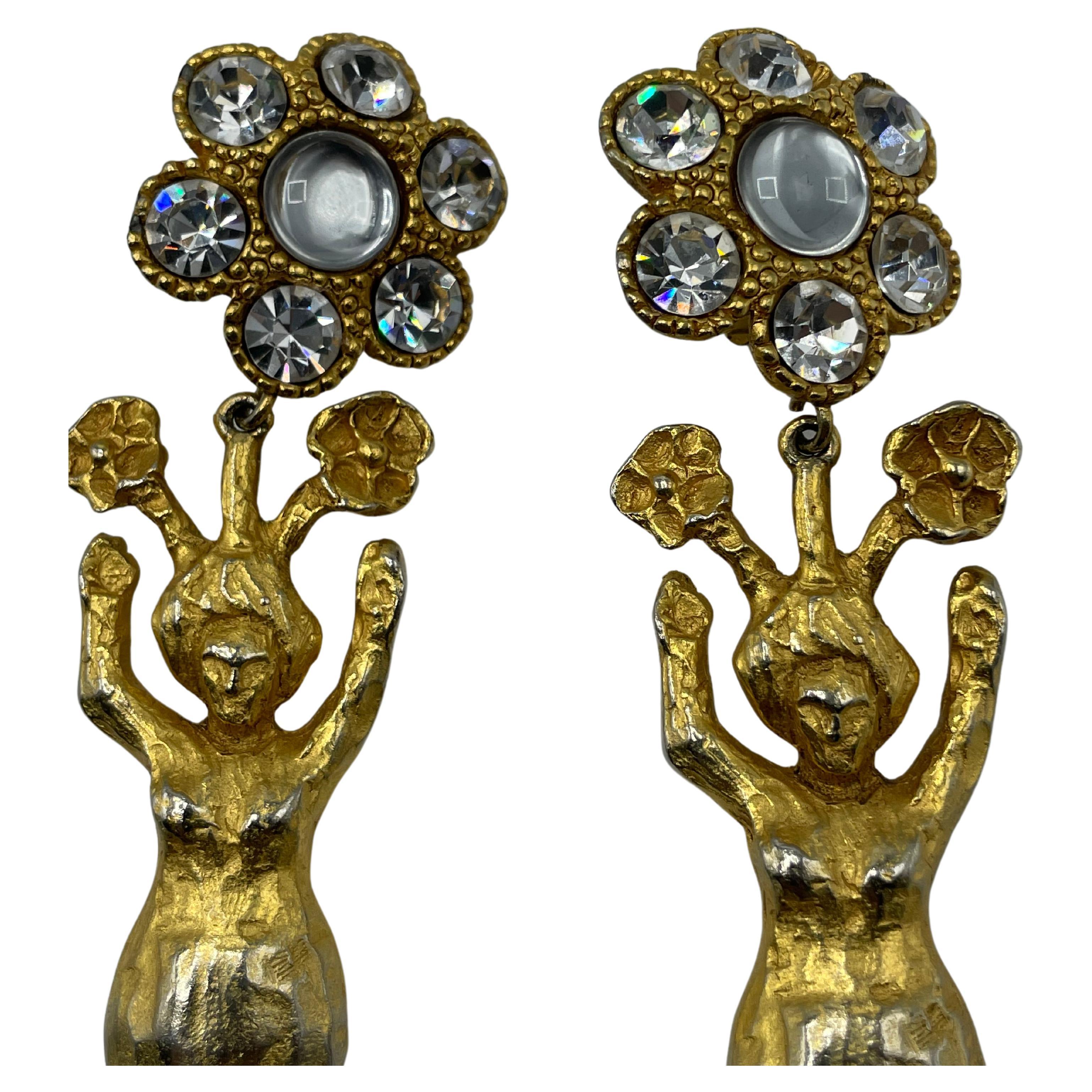 Uncut Christian Lacroix Gold-Toned Drop Earrings Pearl Rhinestone For Sale