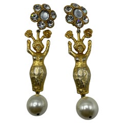 Vintage Christian Lacroix Gold-Toned Drop Earrings Pearl Rhinestone