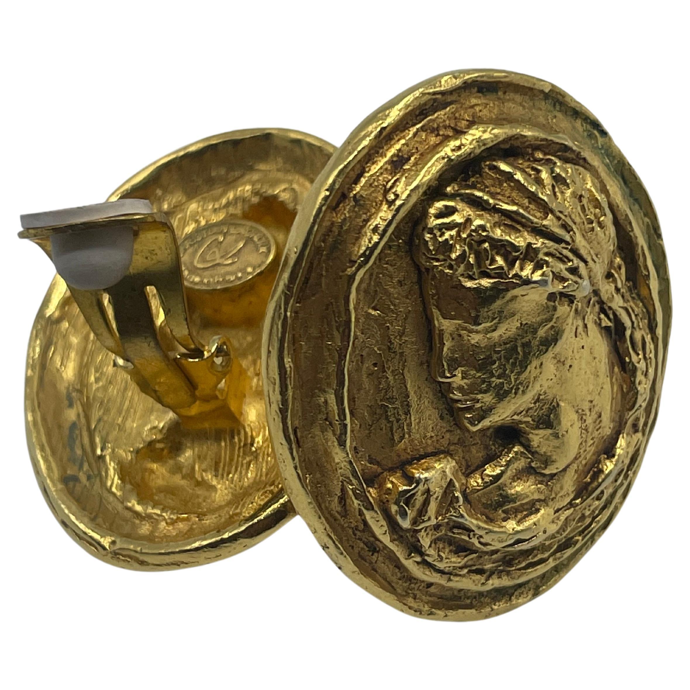 Greek Roman Cameo Earrings by Christian Lacroix Perfect condition clip-on earrings with a gold plated  finish. On the reverse, a Christian Lacroix stamp. Each earring features a Greek god or goddess.